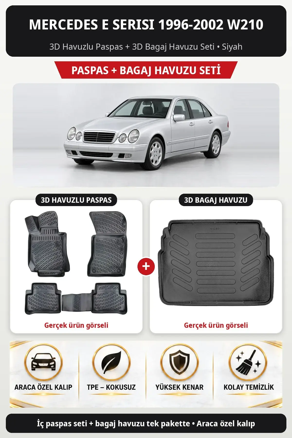 Mercedes E Serisi 1996-2002 W210 3D Havuzlu Paspas + 3D Bagaj Havuzu Seti Siyah (1)