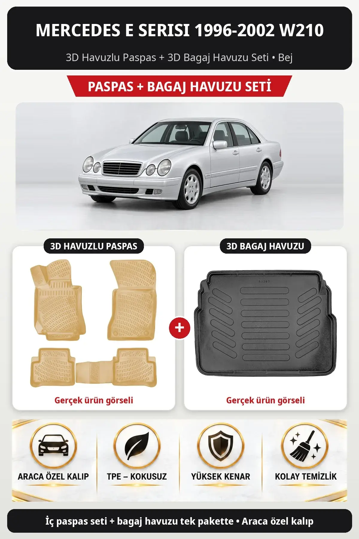 Mercedes E Serisi 1996-2002 W210 3D Havuzlu Paspas + 3D Bagaj Havuzu Seti Bej (1)