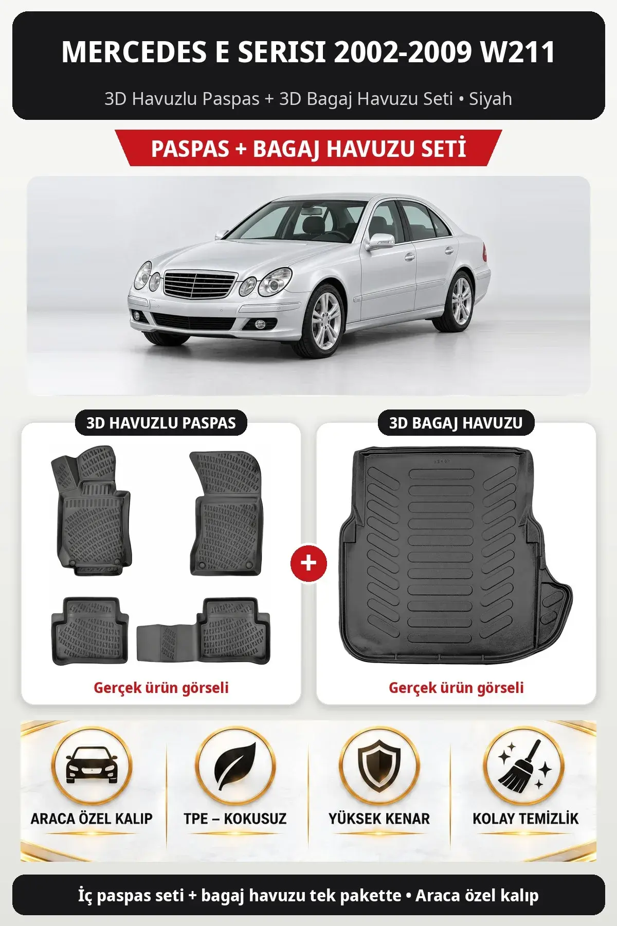 Mercedes E Serisi 2002-2009 W211 3D Havuzlu Paspas + 3D Bagaj Havuzu Seti Siyah (1)