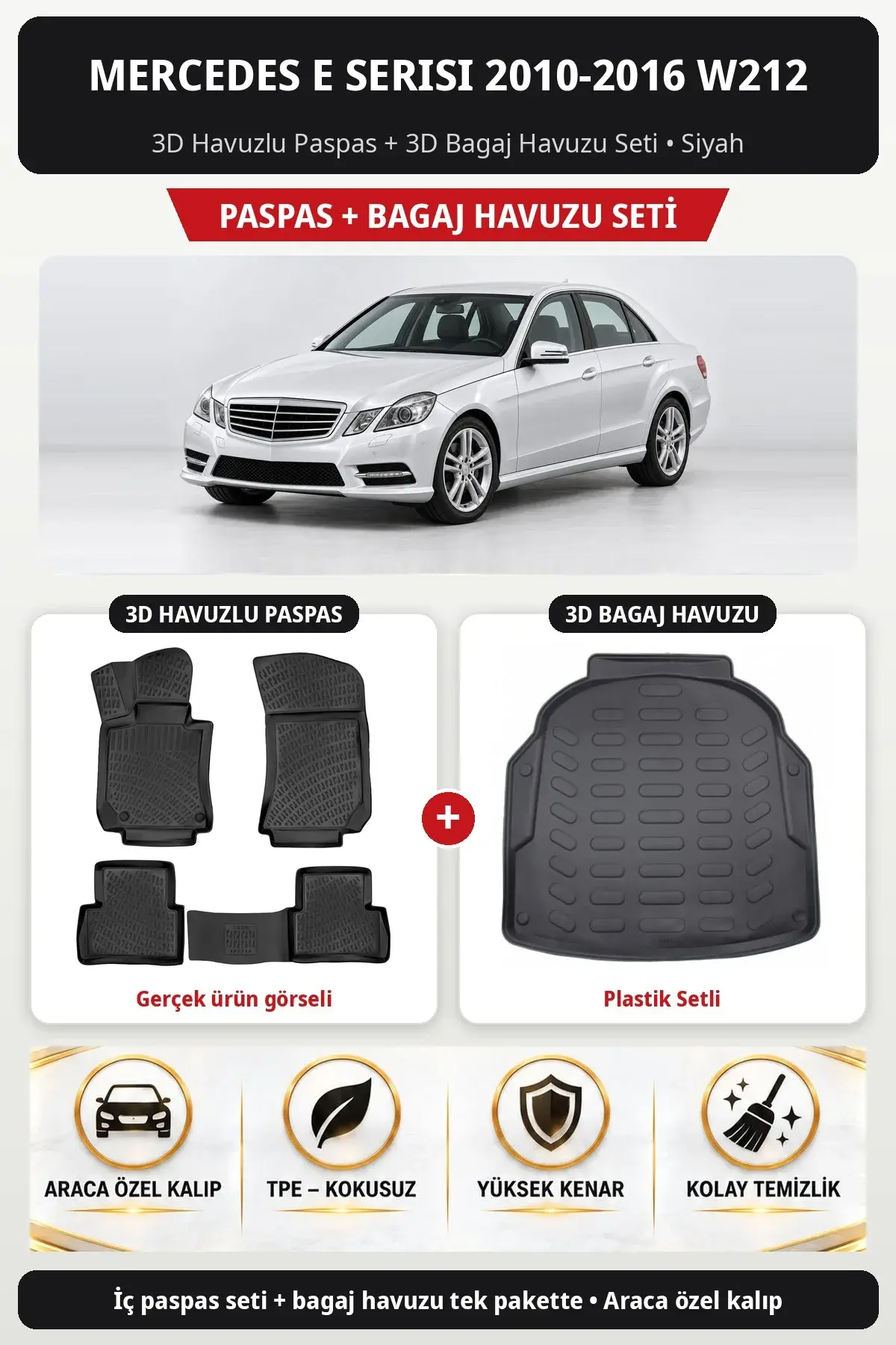 Mercedes E Serisi 2010-2016 W212 3D Havuzlu Paspas + 3D Bagaj Havuzu Seti (Plastik Setli) Bej (1)