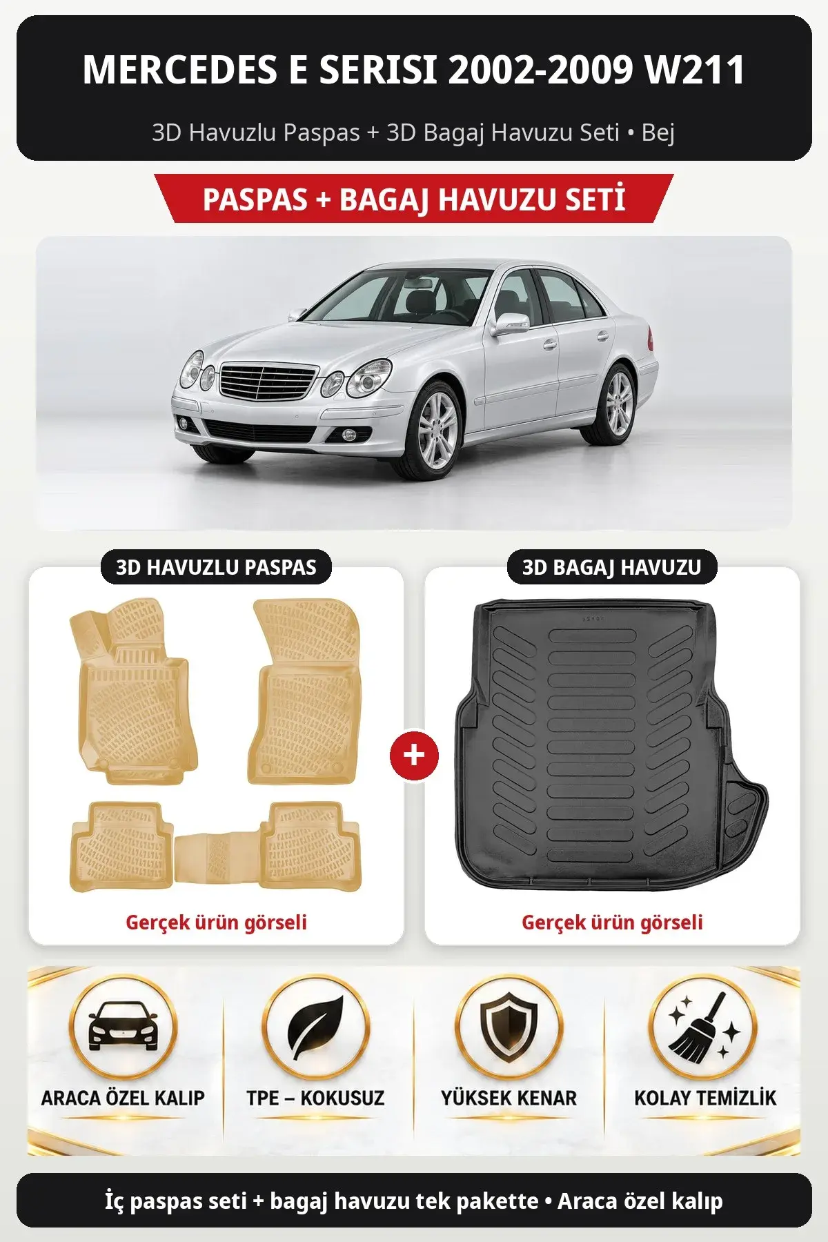 Mercedes E Serisi 2002-2009 W211 3D Havuzlu Paspas + 3D Bagaj Havuzu Seti Bej (1)