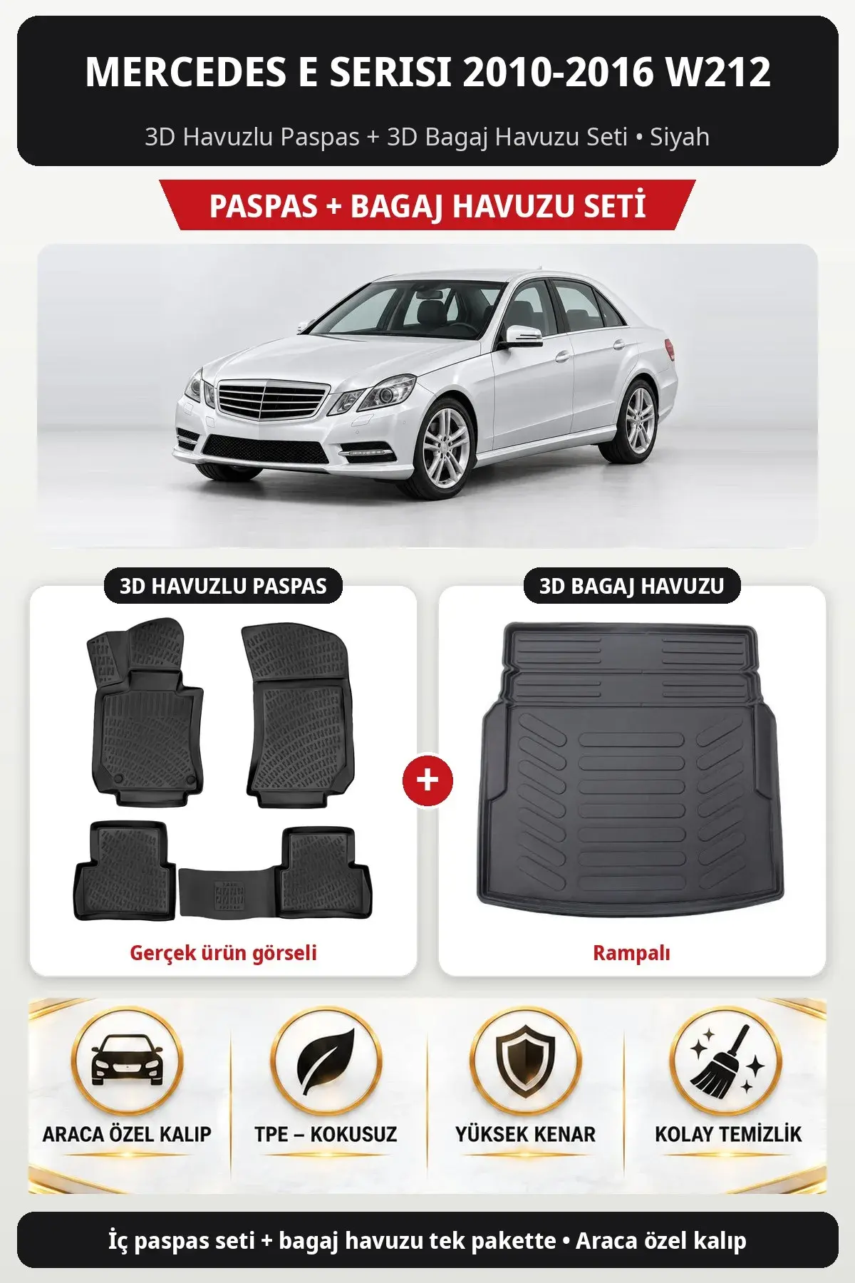 Mercedes E Serisi 2010-2016 W212 3D Havuzlu Paspas + 3D Bagaj Havuzu Seti (Rampalı) Siyah (1)