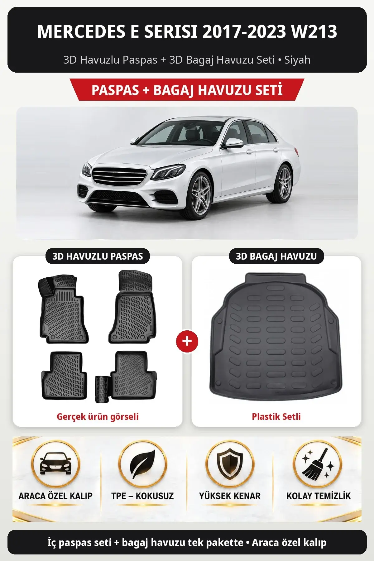 Mercedes E Serisi 2017-2023 W213 3D Havuzlu Paspas + 3D Bagaj Havuzu Seti (Plastik Setli) Bej (1)