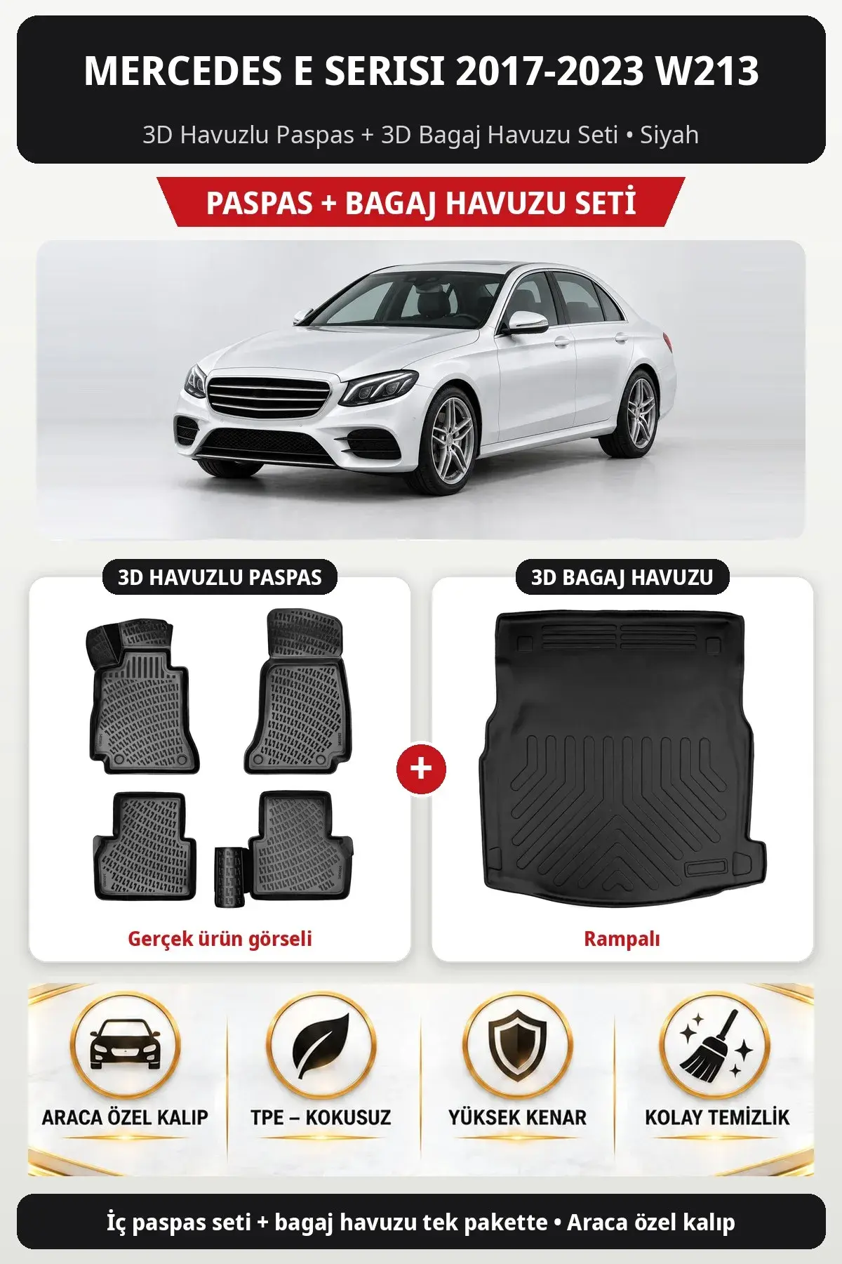 Mercedes E Serisi 2017-2023 W213 3D Havuzlu Paspas + 3D Bagaj Havuzu Seti (Rampalı) Siyah (1)
