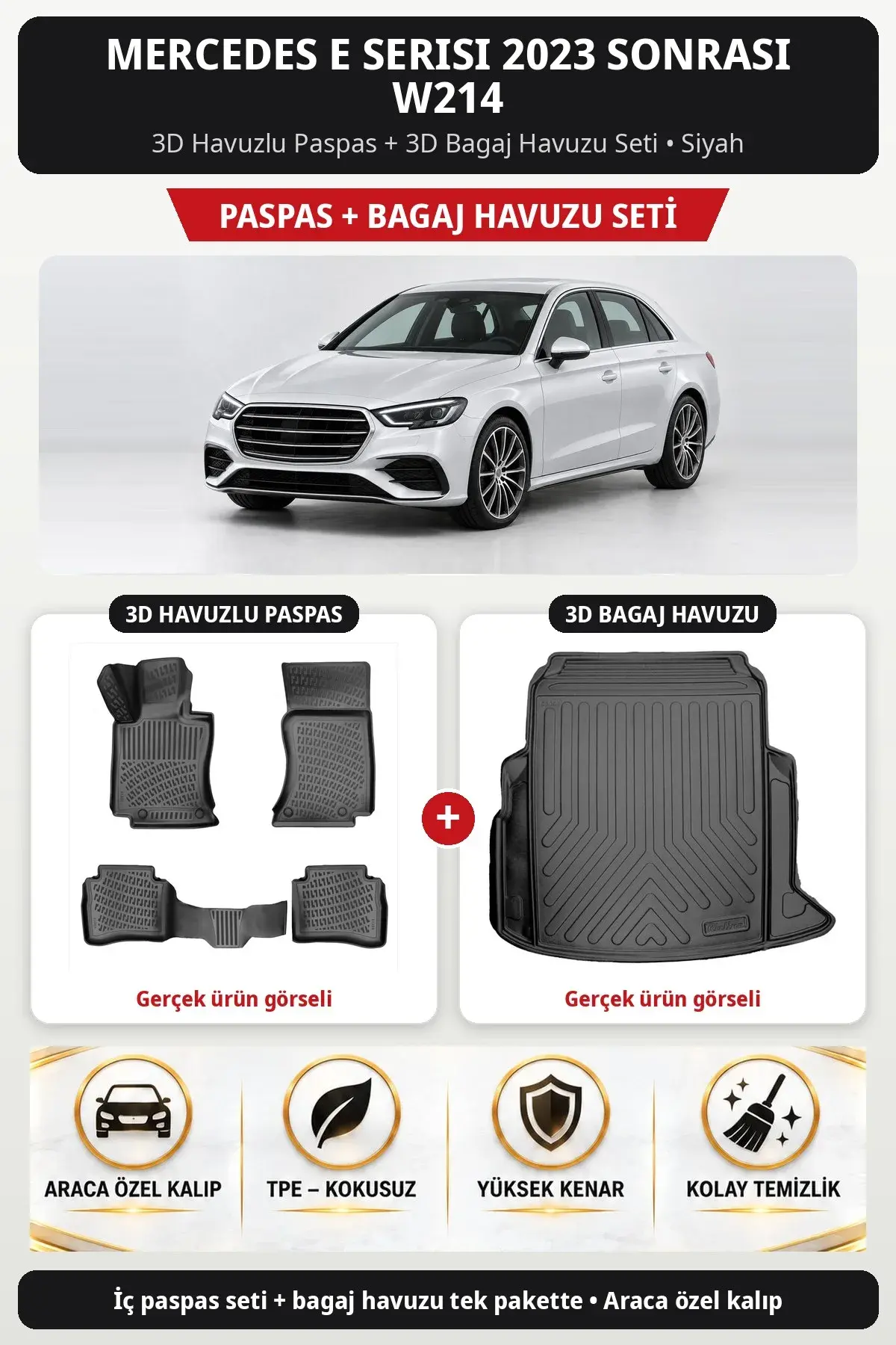 Mercedes E Serisi 2023 Sonrası W214 3D Havuzlu Paspas + 3D Bagaj Havuzu Seti Siyah (1)