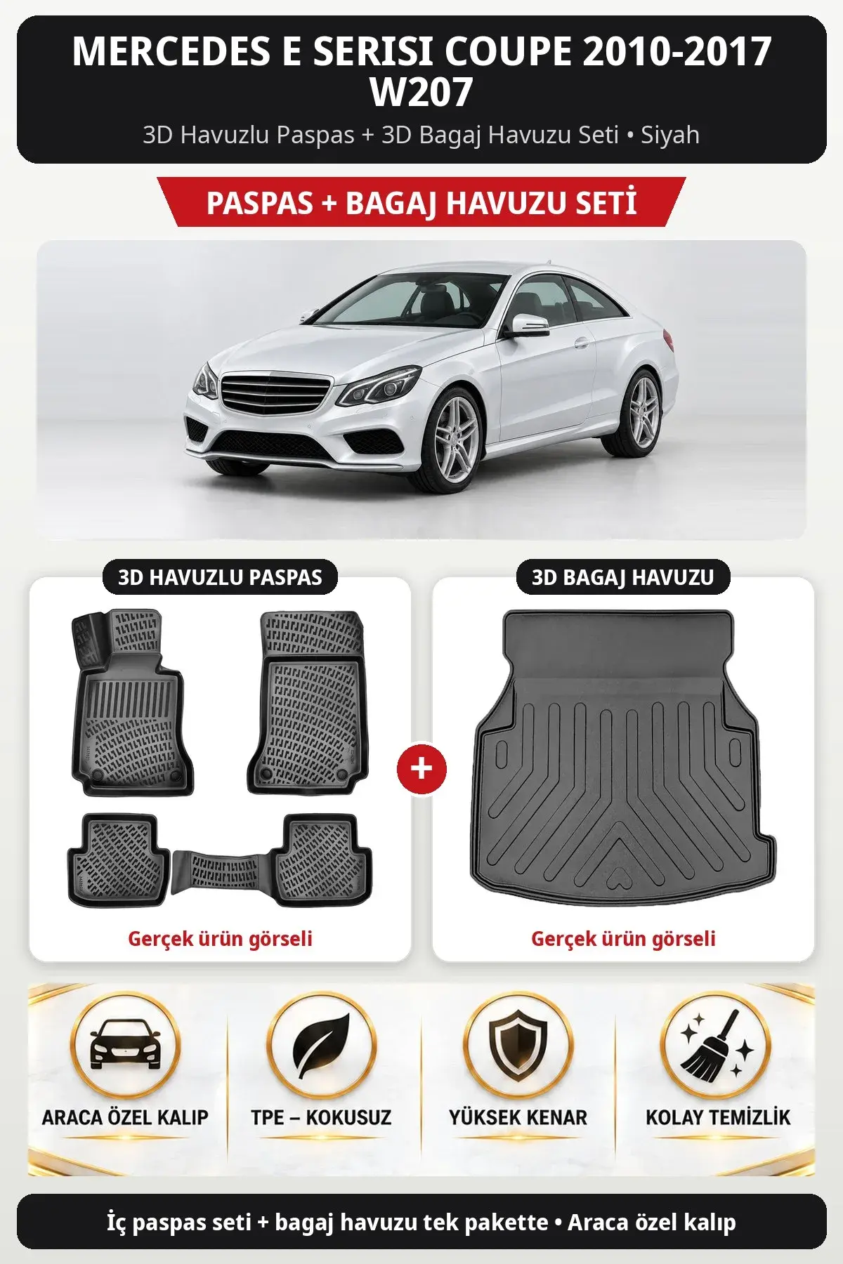 Mercedes E Serisi Coupe 2010-2017 W207 3D Havuzlu Paspas + 3D Bagaj Havuzu Seti Siyah (1)
