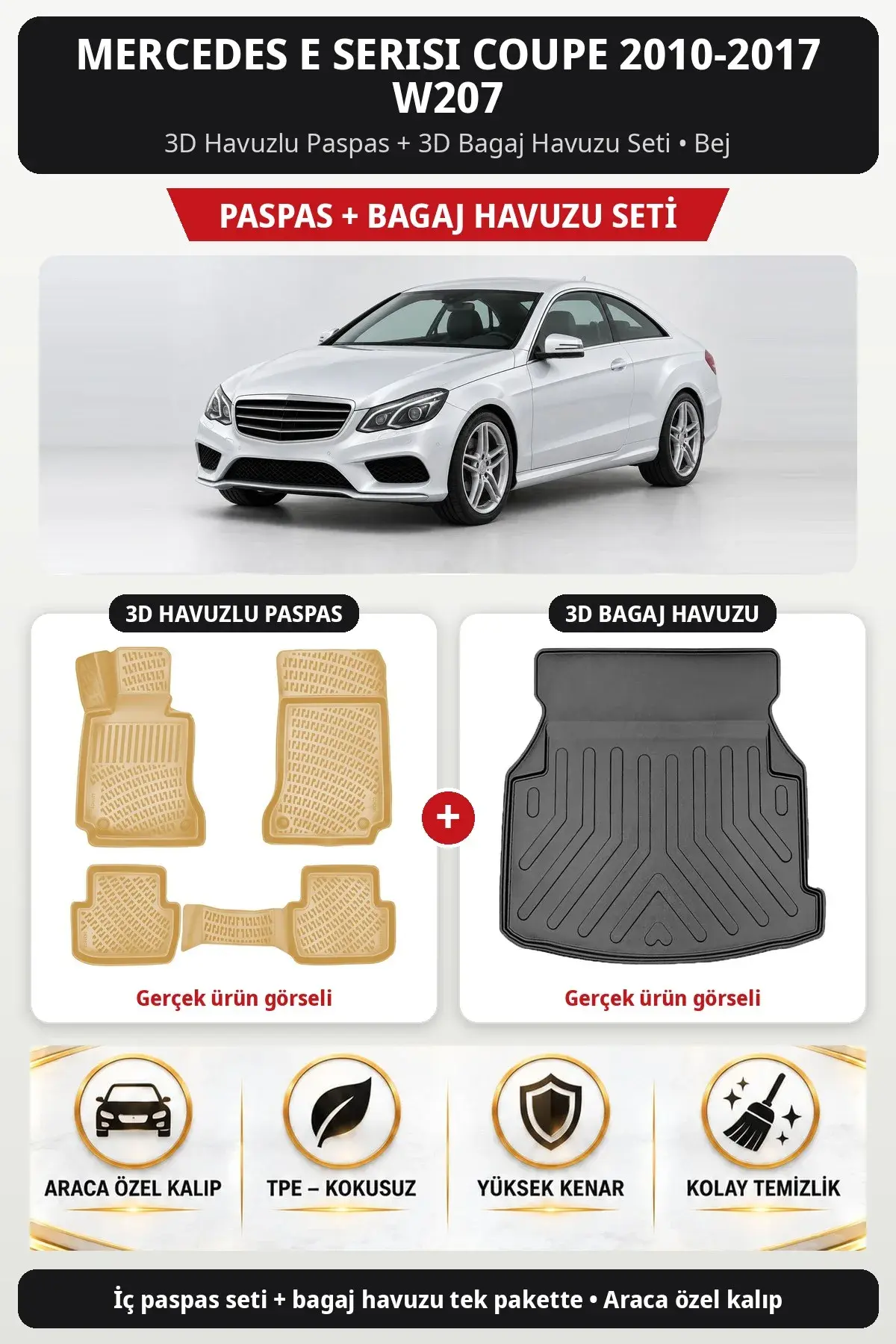Mercedes E Serisi Coupe 2010-2017 W207 3D Havuzlu Paspas + 3D Bagaj Havuzu Seti Bej (1)