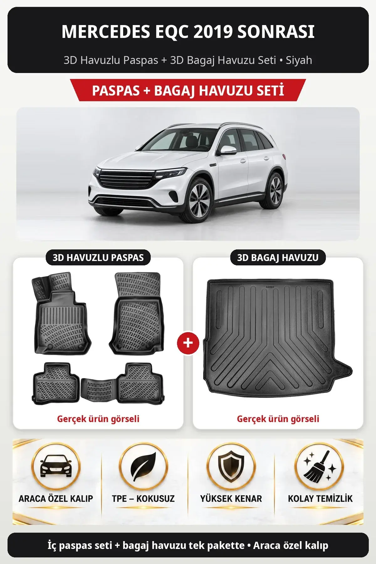 Mercedes EQC 2019 Sonrası 3D Havuzlu Paspas + 3D Bagaj Havuzu Seti Siyah (1)