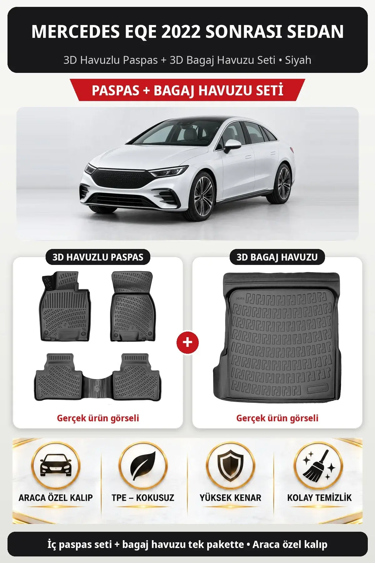 Mercedes EQE 2022 Sonrası Sedan 3D Havuzlu Paspas + 3D Bagaj Havuzu Seti Siyah (1)