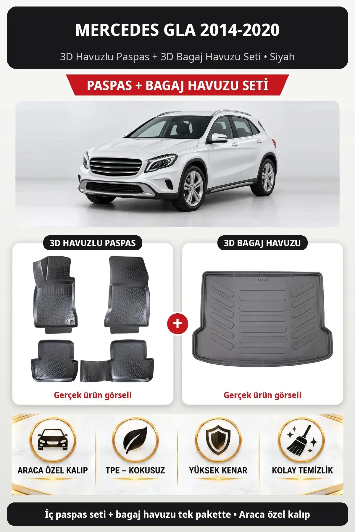 Mercedes GLA 2014-2020 3D Havuzlu Paspas + 3D Bagaj Havuzu Seti Siyah (1)