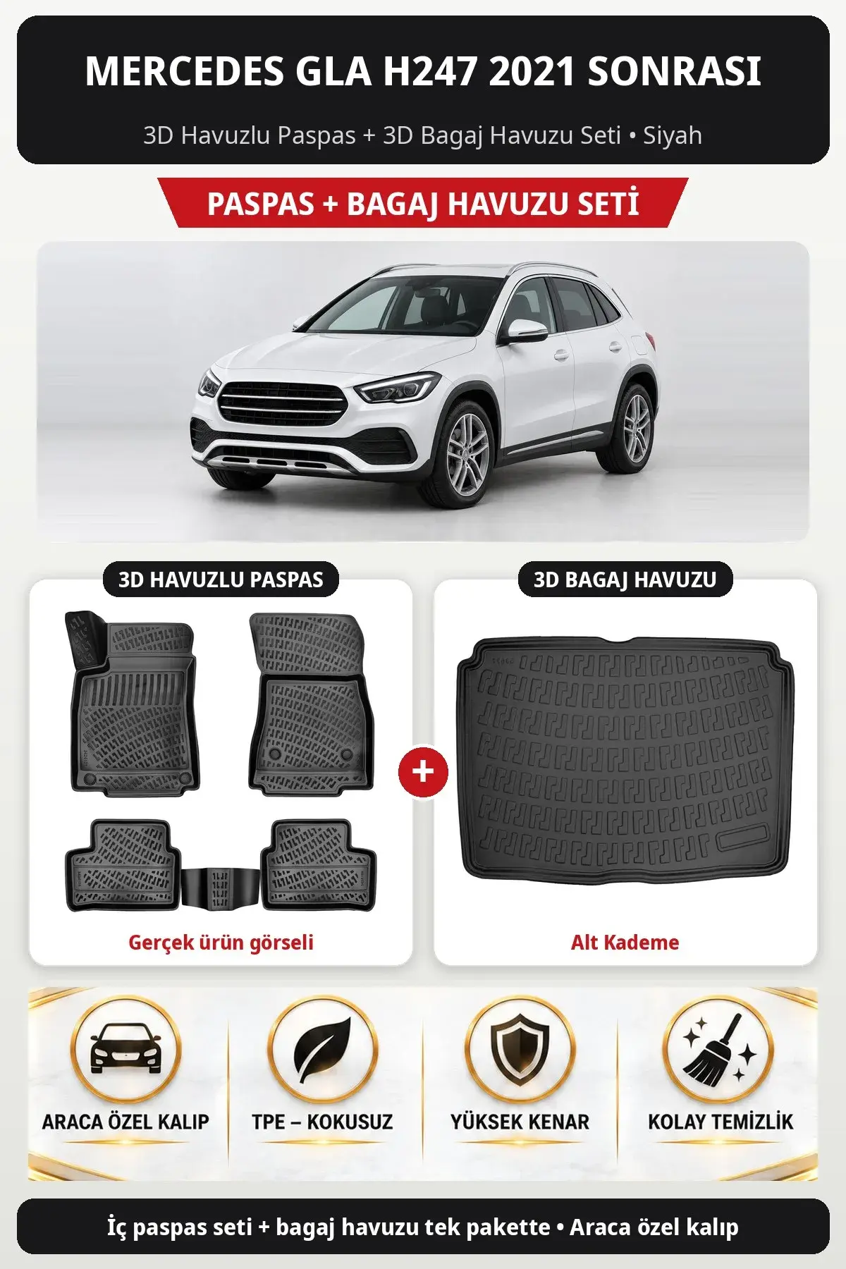 Mercedes GLA H247 2021 Sonrası 3D Havuzlu Paspas + 3D Bagaj Havuzu Seti (Alt Kademe) Bej (1)