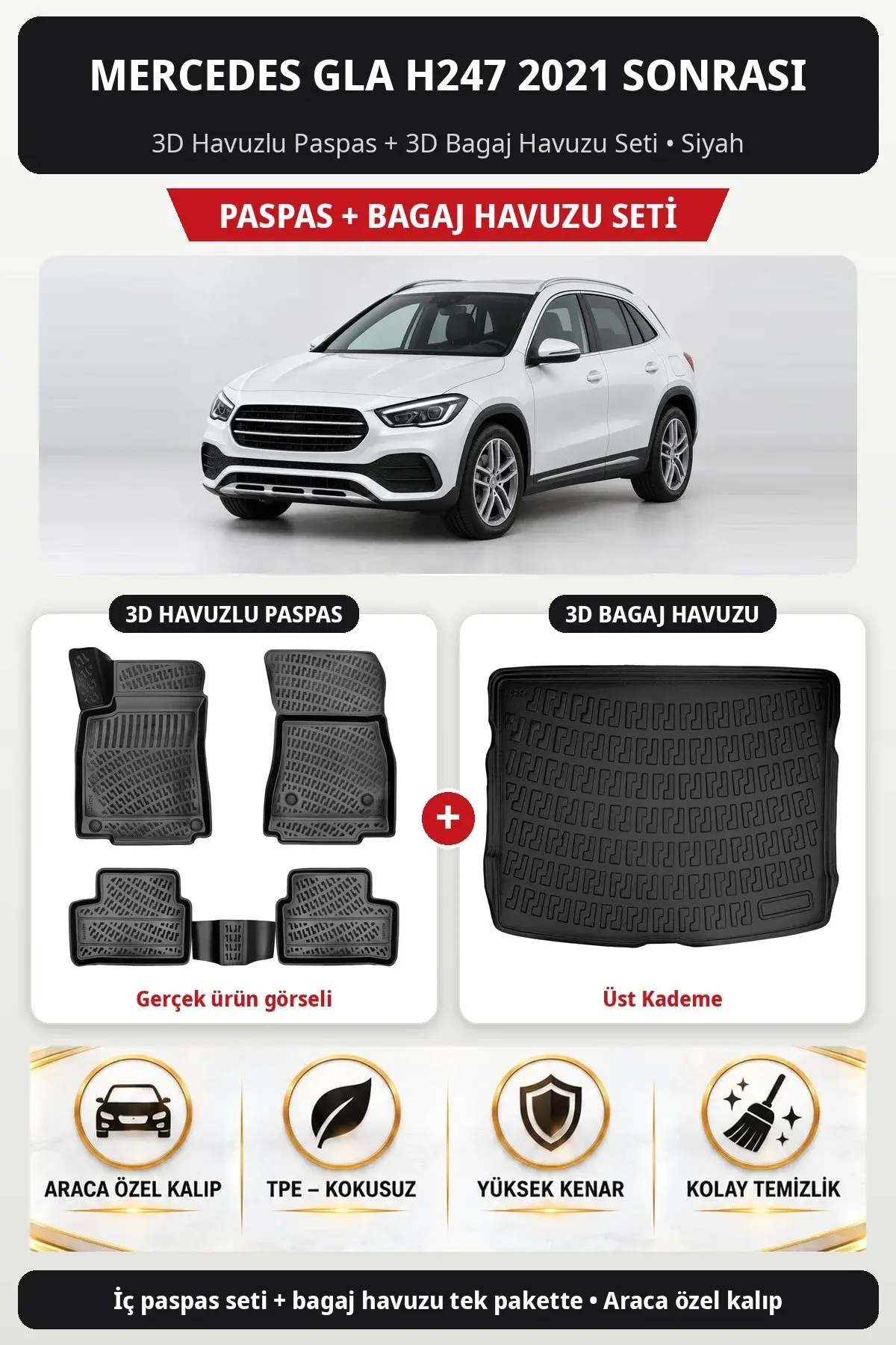 Mercedes GLA H247 2021 Sonrası 3D Havuzlu Paspas + 3D Bagaj Havuzu Seti (Üst Kademe) Bej (1)
