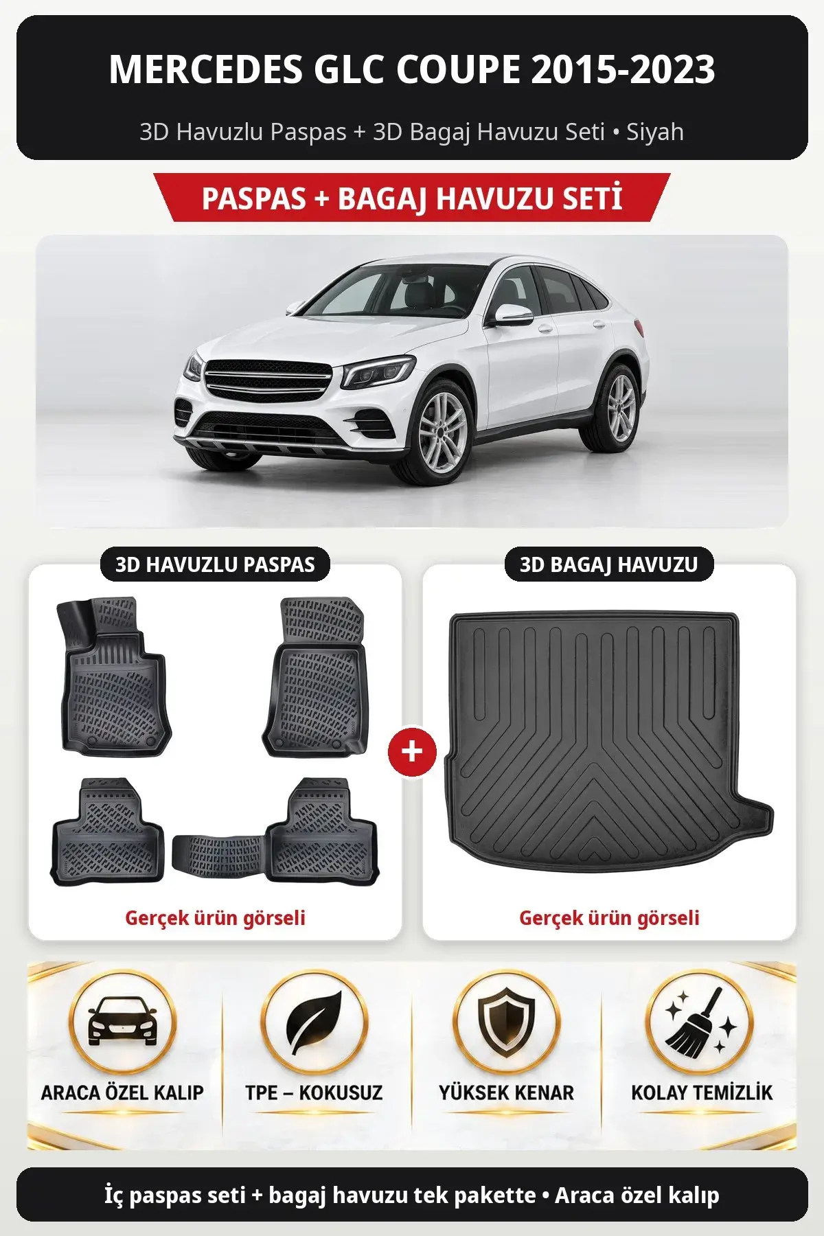 Mercedes GLC COUPE 2015-2023 3D Havuzlu Paspas + 3D Bagaj Havuzu Seti Siyah (1)