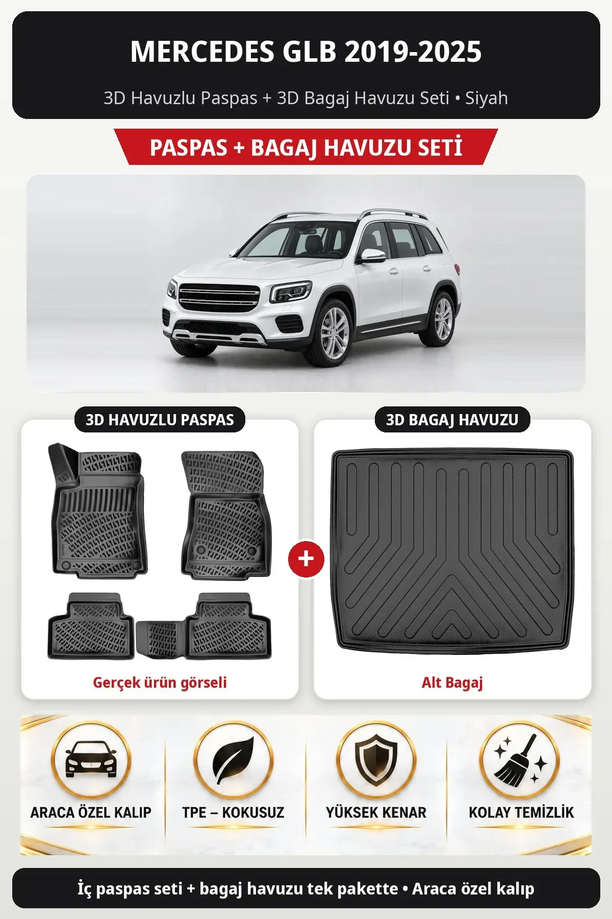 Mercedes GLB 2019-2025 3D Havuzlu Paspas + 3D Bagaj Havuzu Seti (Alt Bagaj) Siyah (1)