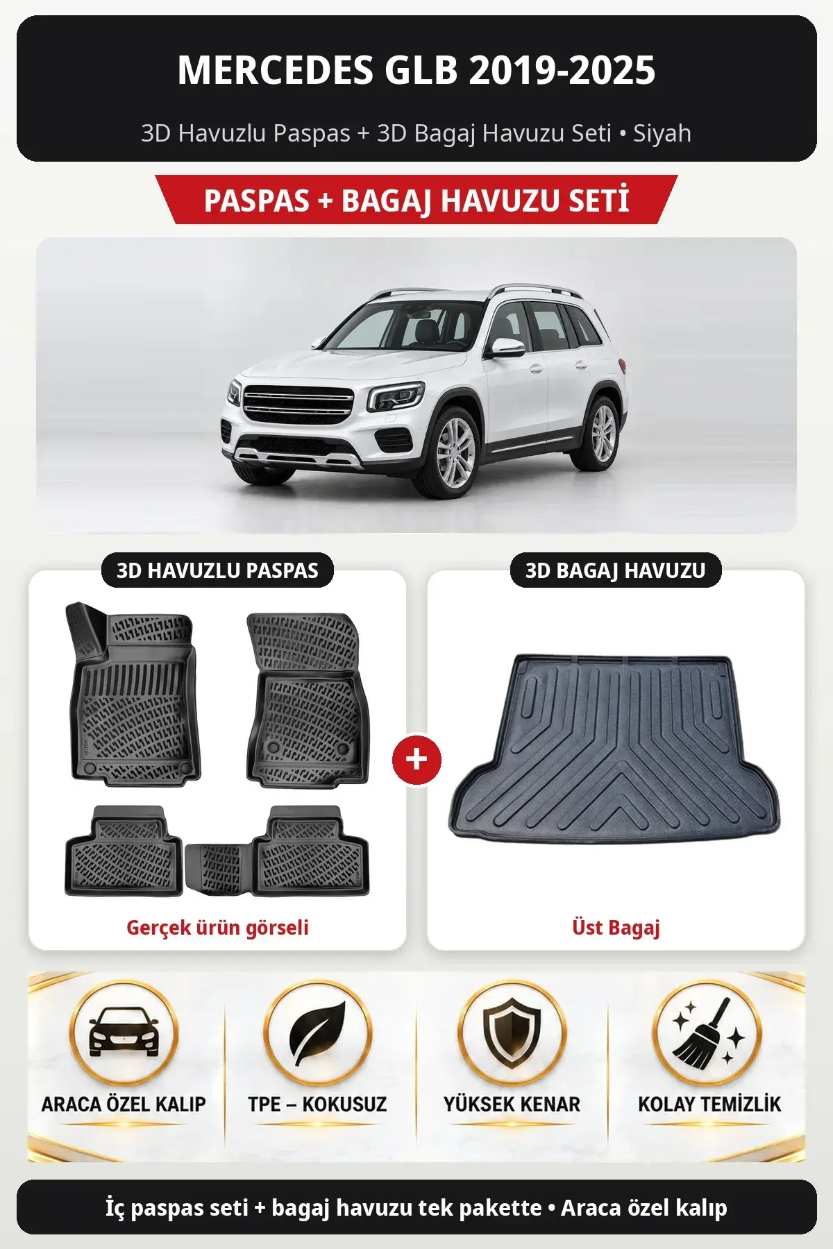 Mercedes GLB 2019-2025 3D Havuzlu Paspas + 3D Bagaj Havuzu Seti (Üst Bagaj) Siyah (1)