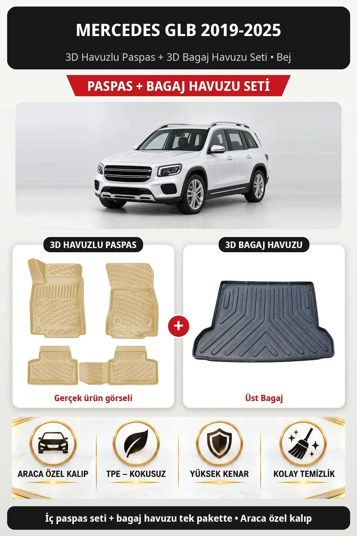 Mercedes GLB 2019-2025 3D Havuzlu Paspas + 3D Bagaj Havuzu Seti (Üst Bagaj) Bej (1)