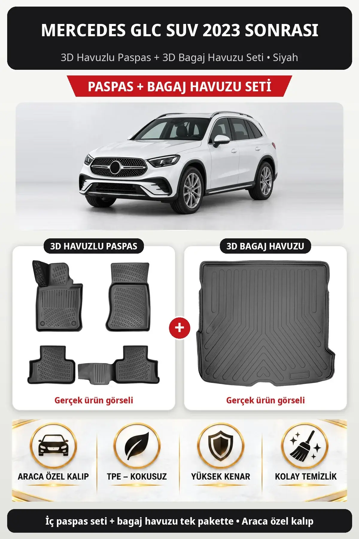 Mercedes GLC SUV 2023 Sonrası 3D Havuzlu Paspas + 3D Bagaj Havuzu Seti Siyah (1)