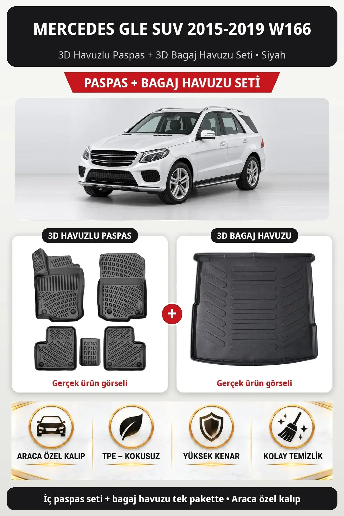 Mercedes GLE SUV 2015-2019 W166 3D Havuzlu Paspas + 3D Bagaj Havuzu Seti Siyah (1)