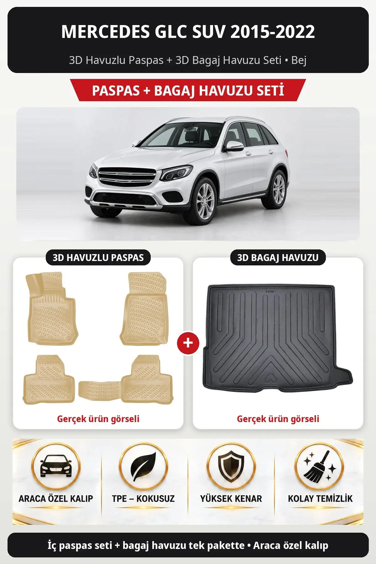 Mercedes GLC SUV 2015-2022 3D Havuzlu Paspas + 3D Bagaj Havuzu Seti Bej (1)