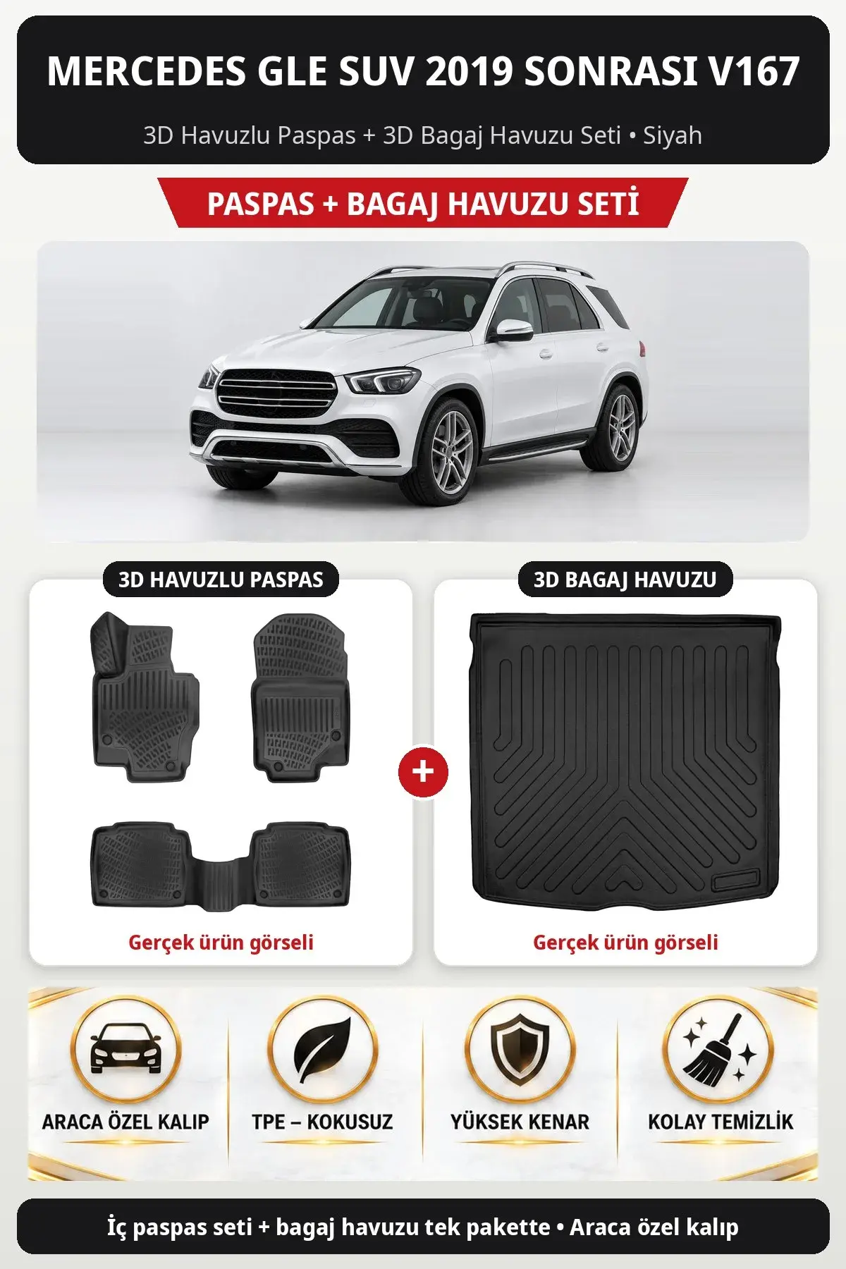 Mercedes GLE SUV 2019 Sonrası V167 3D Havuzlu Paspas + 3D Bagaj Havuzu Seti Siyah (1)
