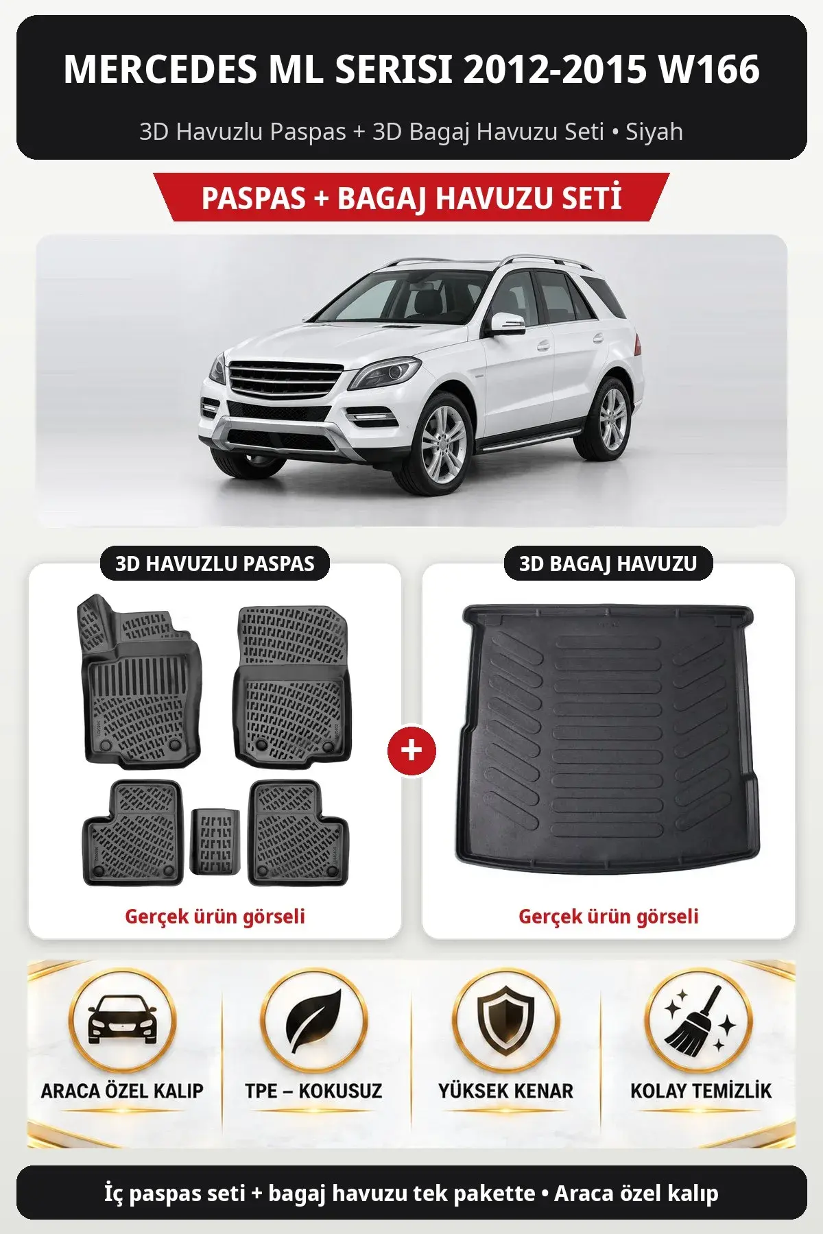 Mercedes ML Serisi 2012-2015 W166 3D Havuzlu Paspas + 3D Bagaj Havuzu Seti Siyah (1)