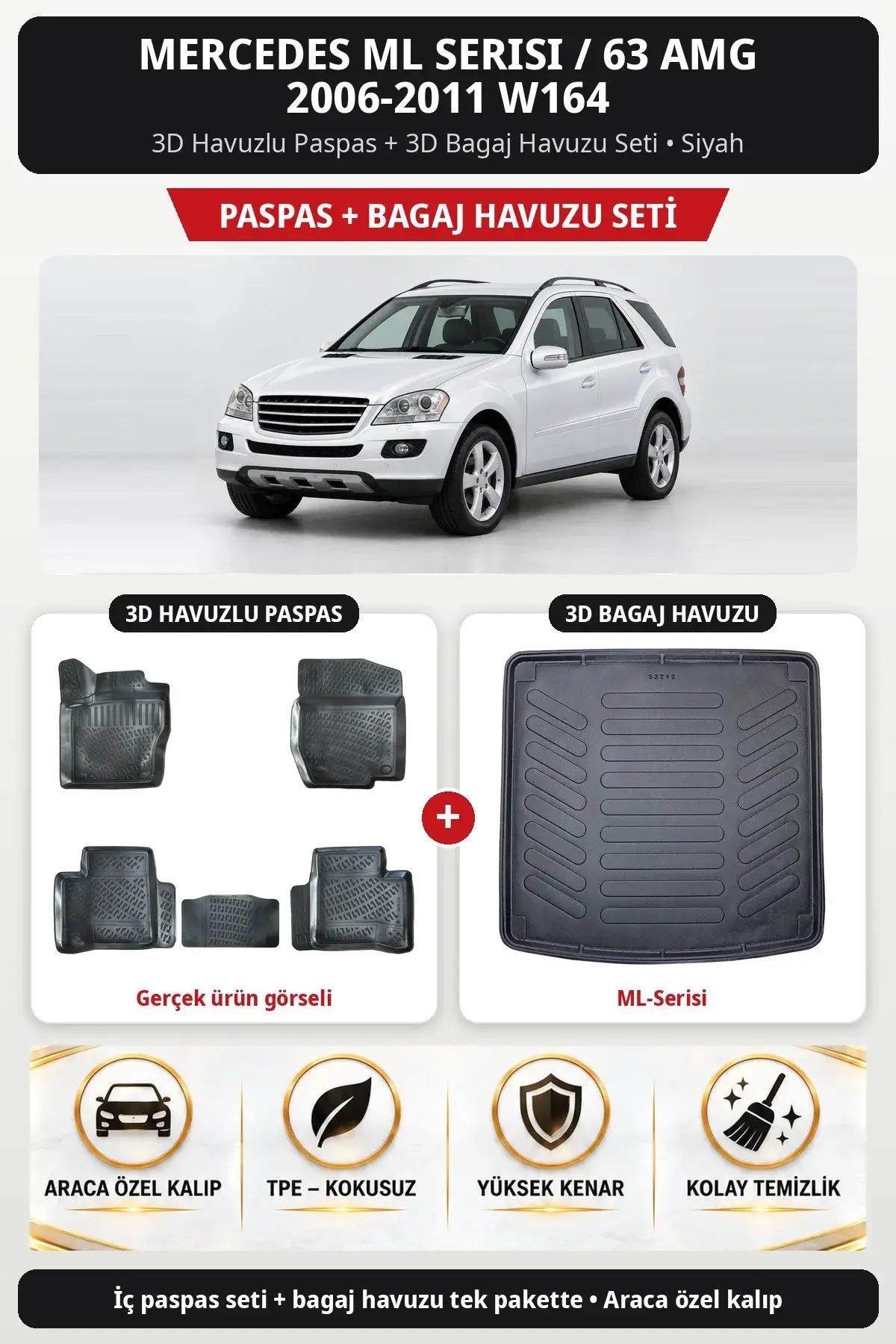 Mercedes ML Serisi / 63 AMG 2006-2011 W164 3D Paspas + Bagaj Havuzu Seti (ML-Serisi) Siyah (1)