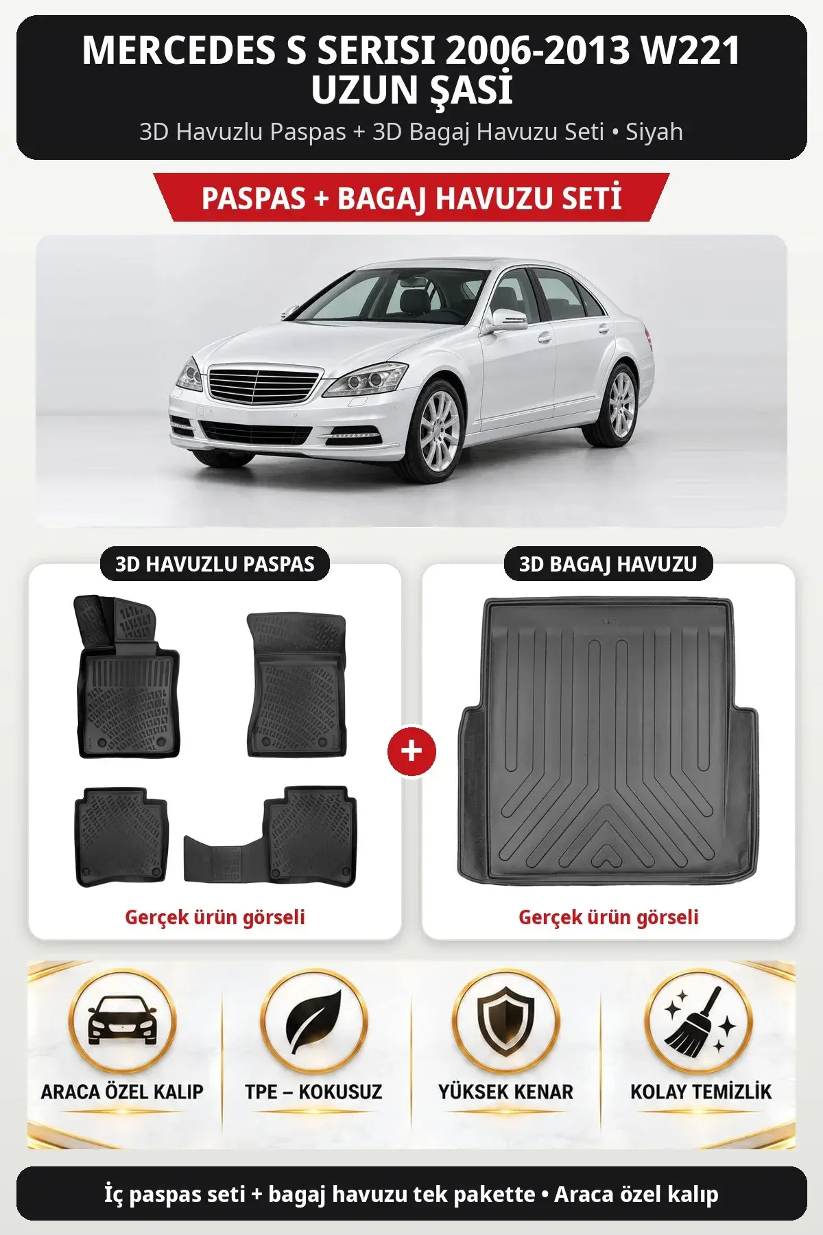Mercedes S Serisi 2006-2013 W221 Uzun Şasi 3D Havuzlu Paspas + 3D Bagaj Havuzu Seti Siyah (1)