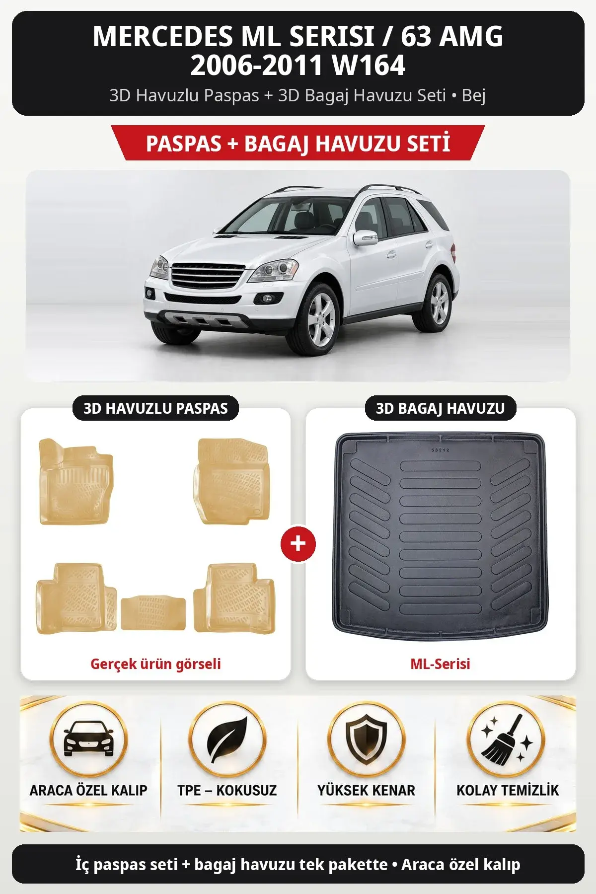 Mercedes ML Serisi / 63 AMG 2006-2011 W164 3D Havuzlu Paspas + 3D Bagaj Havuzu Seti (ML-Serisi) Bej (1)
