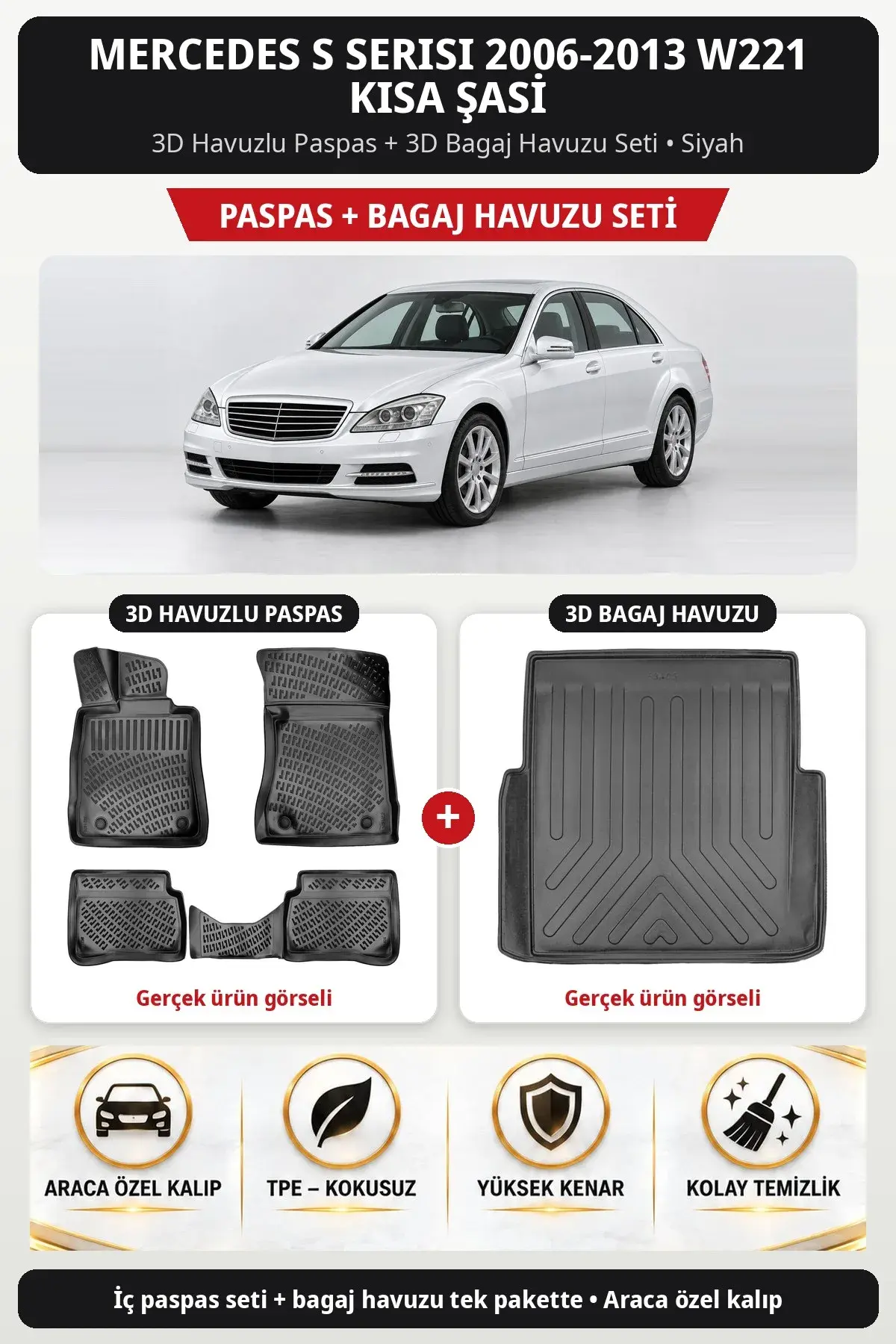 Mercedes S Serisi 2006-2013 W221 Kısa Şasi 3D Havuzlu Paspas + 3D Bagaj Havuzu Seti Bej (1)