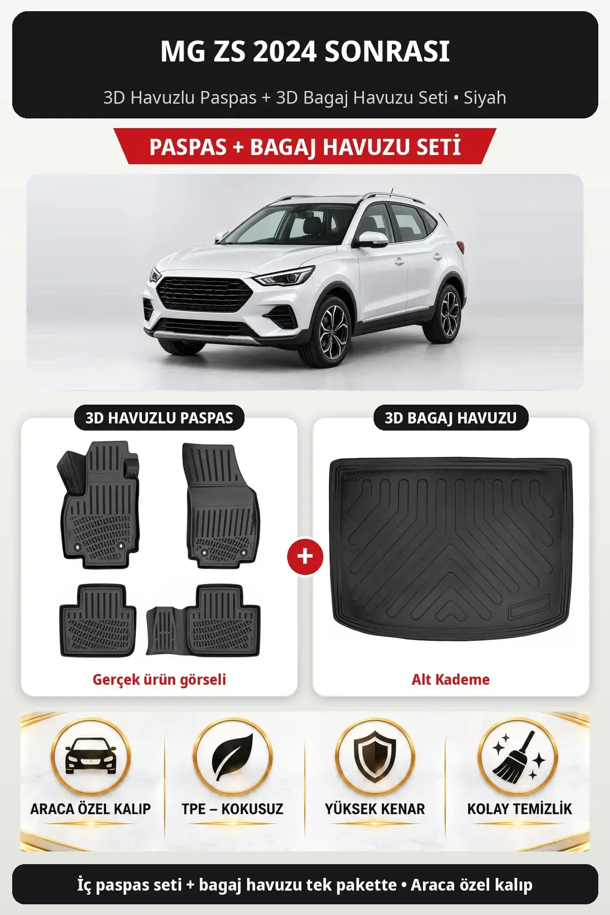 Mg ZS 2024 Sonrası 3D Havuzlu Paspas + 3D Bagaj Havuzu Seti (Alt Kademe) Siyah (1)