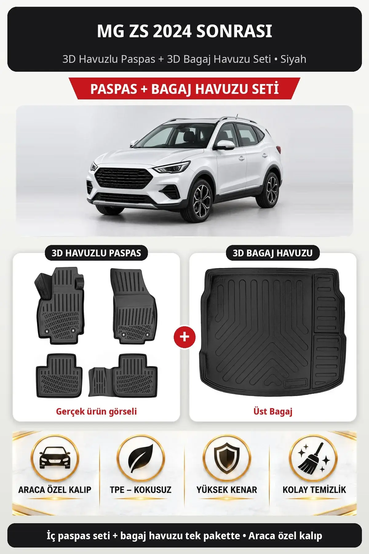 Mg ZS 2024 Sonrası 3D Havuzlu Paspas + 3D Bagaj Havuzu Seti (Üst Bagaj) Siyah (1)
