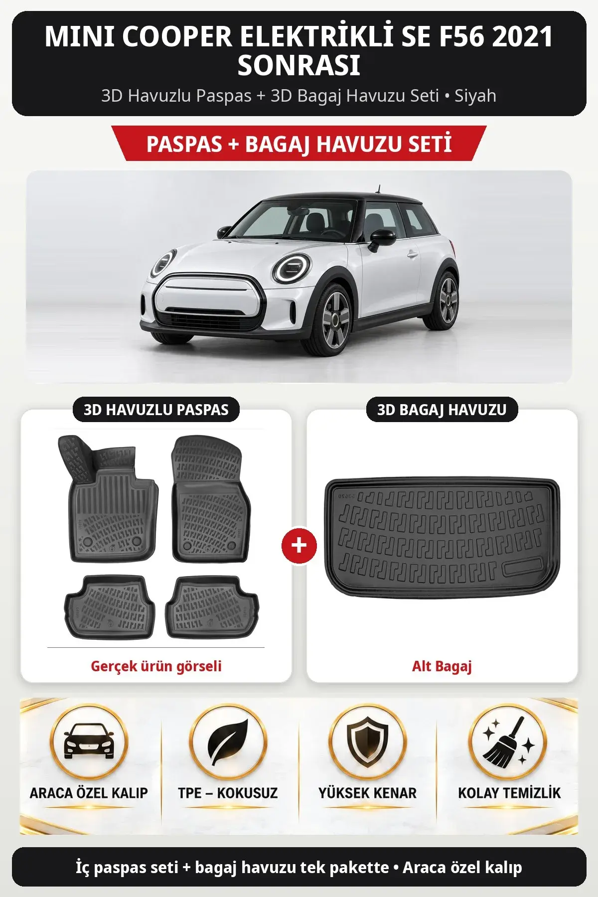 Mini Cooper Elektrikli SE F56 2021 Sonrası 3D Paspas + Bagaj Havuzu Seti (Alt Bagaj) Siyah (1)