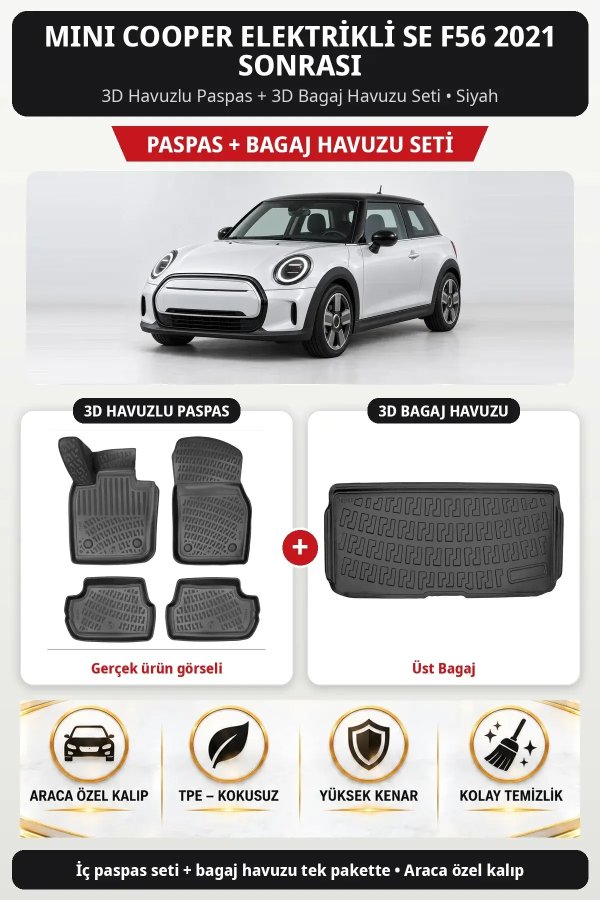Mini Cooper Elektrikli SE F56 2021 Sonrası 3D Paspas + Bagaj Havuzu Seti (Üst Bagaj) Siyah (1)