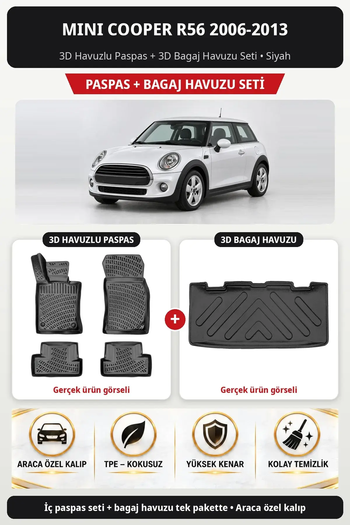 Mini Cooper R56 2006-2013 3D Havuzlu Paspas + 3D Bagaj Havuzu Seti Siyah (1)