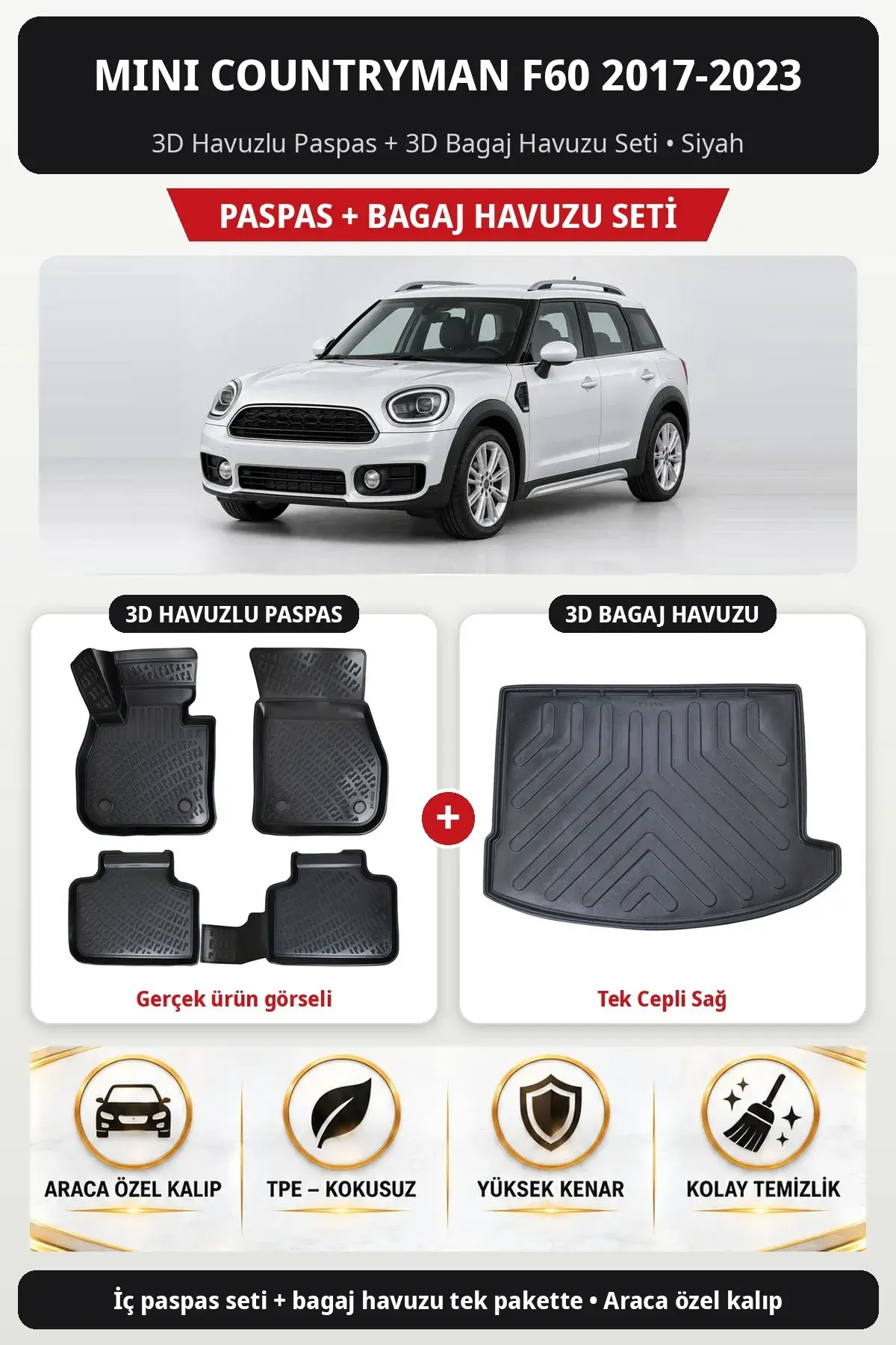 Mini Countryman F60 2017-2023 3D Havuzlu Paspas + 3D Bagaj Havuzu Seti (Tek Cepli Sağ) Siyah (1)