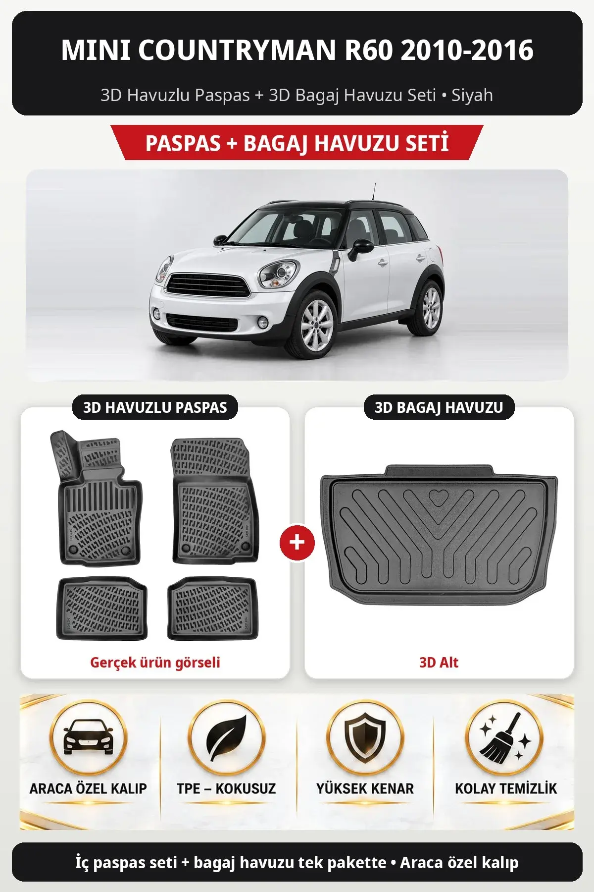 Mini Countryman R60 2010-2016 3D Havuzlu Paspas + 3D Bagaj Havuzu Seti (3D Alt) Siyah (1)