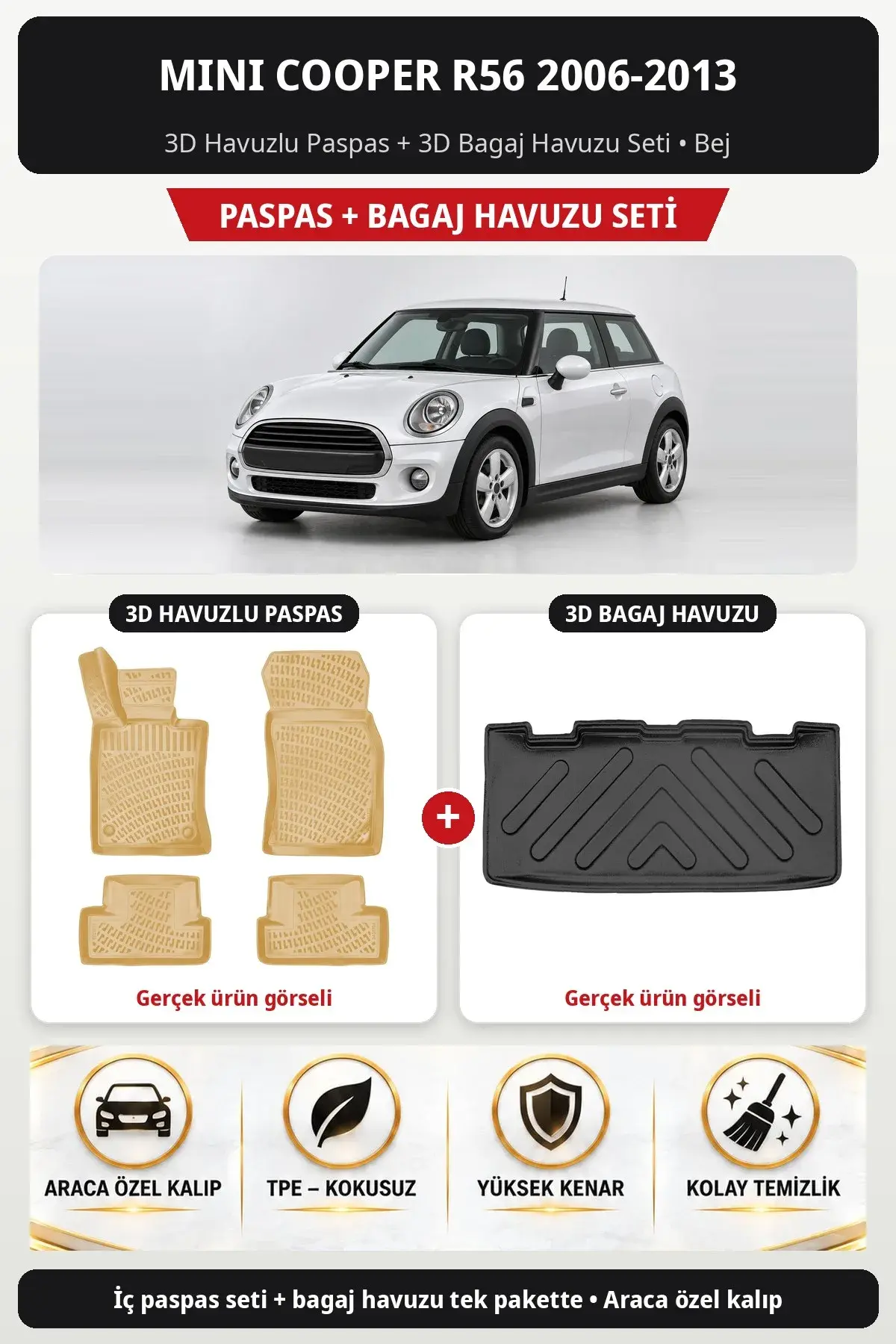 Mini Cooper R56 2006-2013 3D Havuzlu Paspas + 3D Bagaj Havuzu Seti Bej (1)
