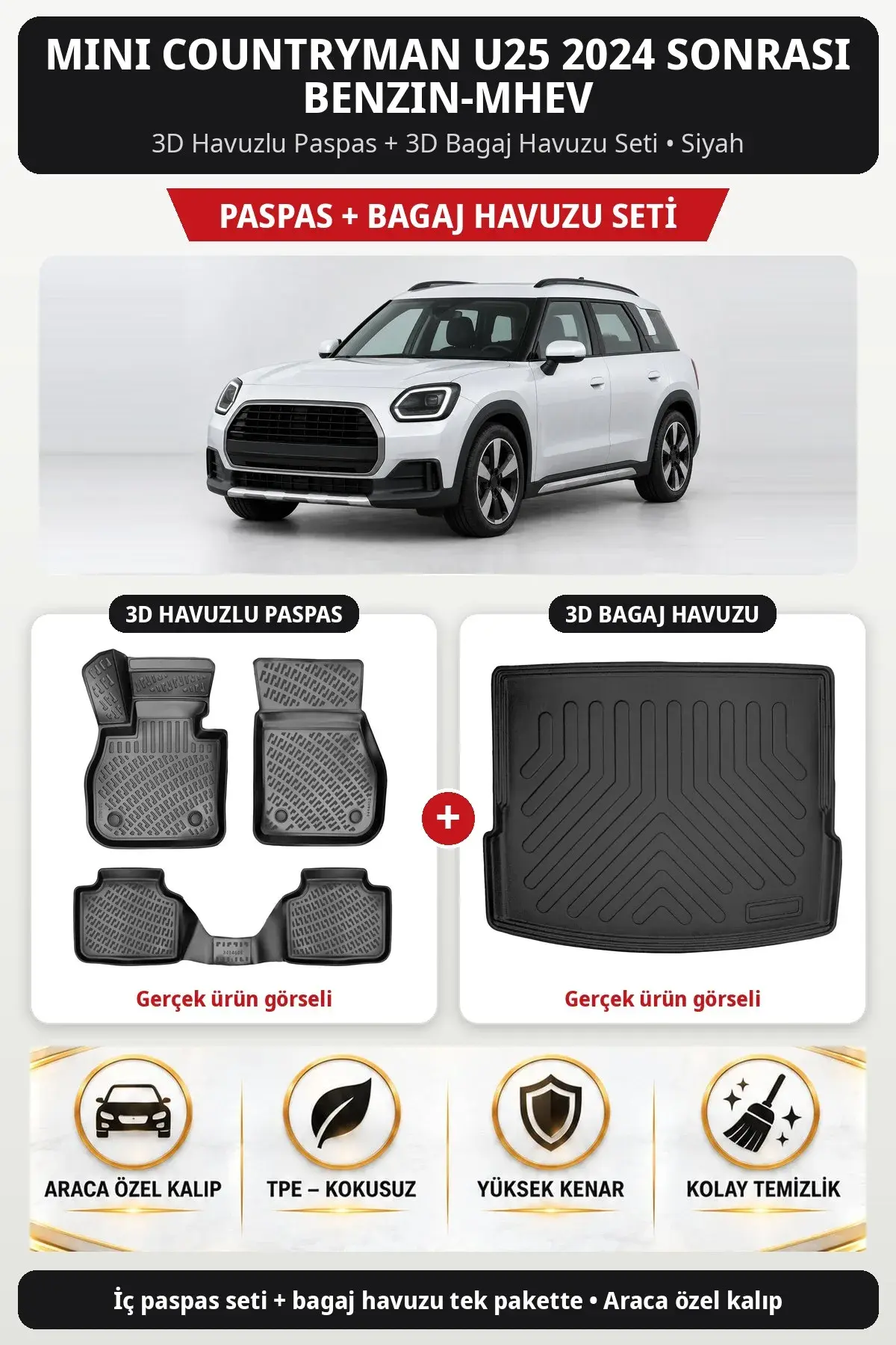 Mini Countryman U25 2024 Sonrası Benzin-Mhev 3D Havuzlu Paspas + 3D Bagaj Havuzu Seti Siyah (1)