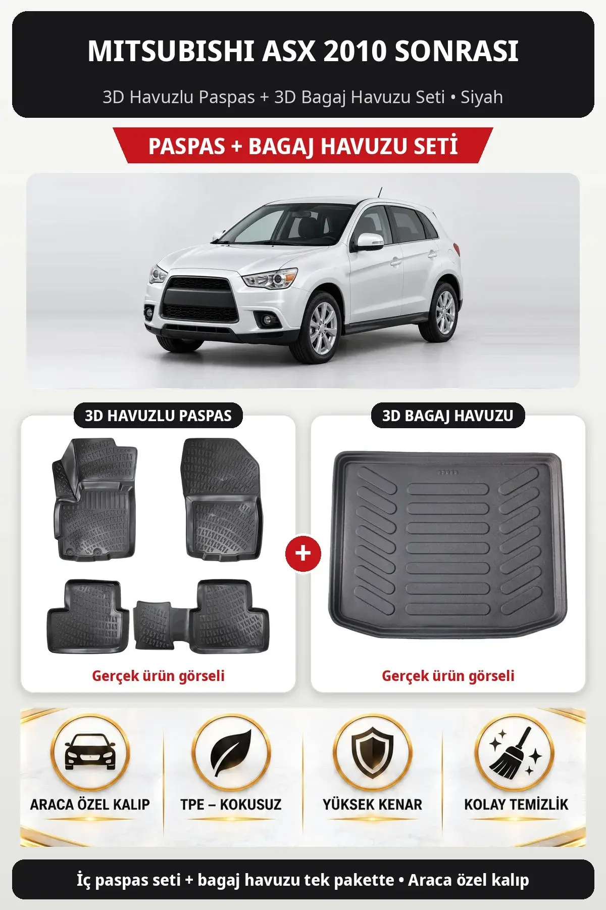 Mitsubishi ASX 2010 Sonrası 3D Havuzlu Paspas + 3D Bagaj Havuzu Seti Siyah (1)
