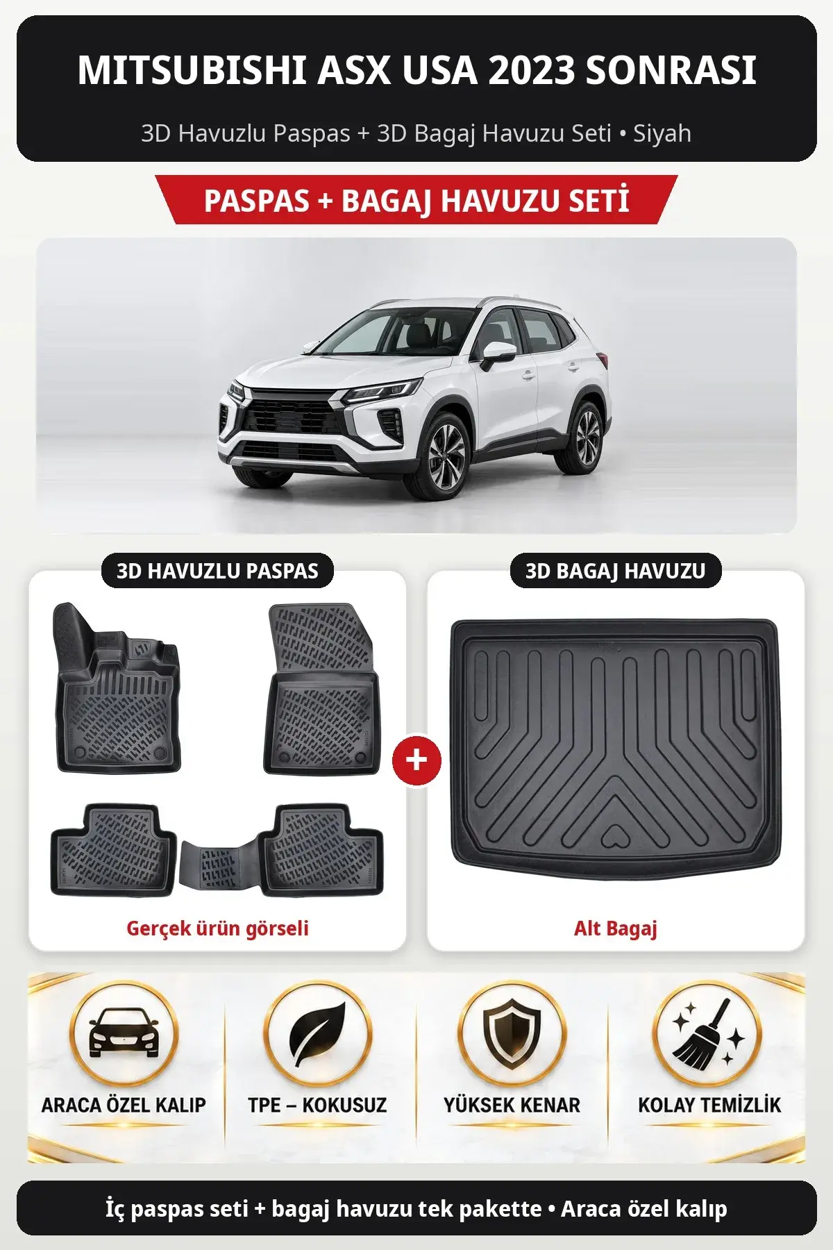 Mitsubishi ASX USA 2023 Sonrası 3D Havuzlu Paspas + 3D Bagaj Havuzu Seti (Alt Bagaj) Siyah (1)
