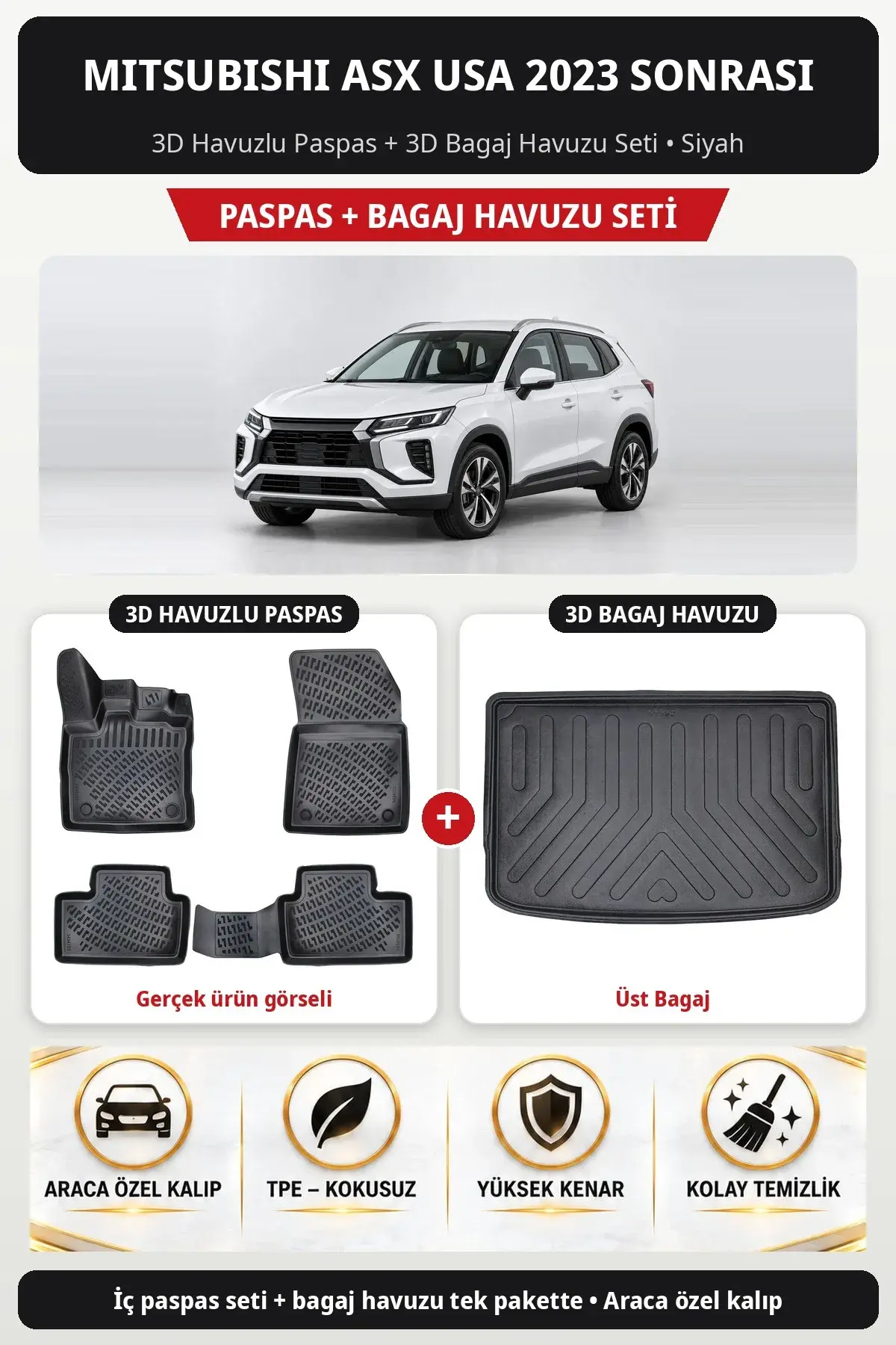 Mitsubishi ASX USA 2023 Sonrası 3D Havuzlu Paspas + 3D Bagaj Havuzu Seti (Üst Bagaj) Siyah (1)