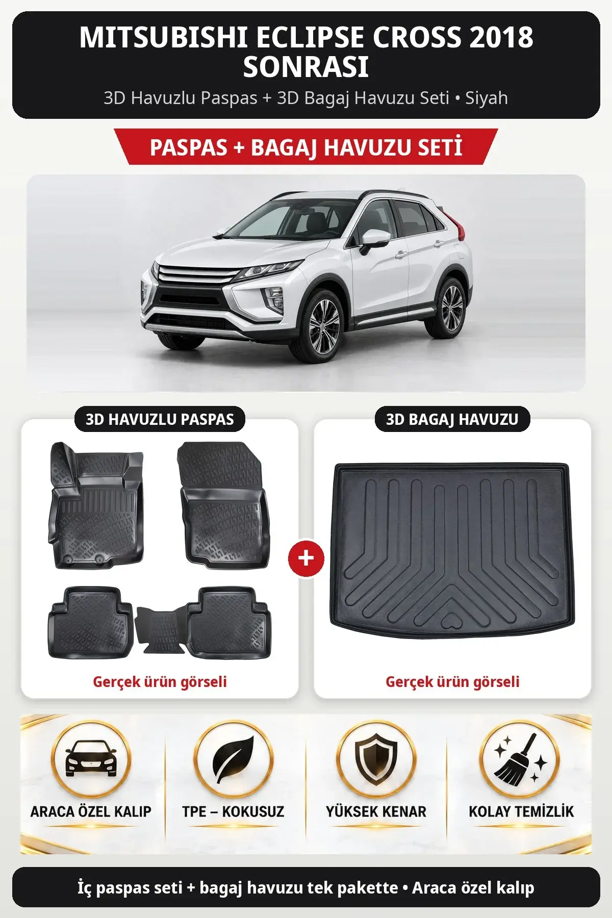 Mitsubishi Eclipse Cross 2018 Sonrası 3D Havuzlu Paspas + 3D Bagaj Havuzu Seti Siyah (1)