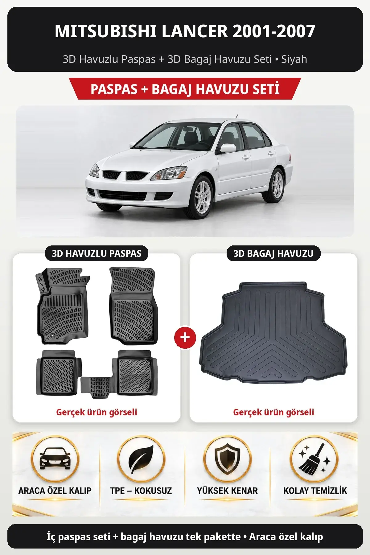 Mitsubishi Lancer 2001-2007 3D Havuzlu Paspas + 3D Bagaj Havuzu Seti Siyah (1)