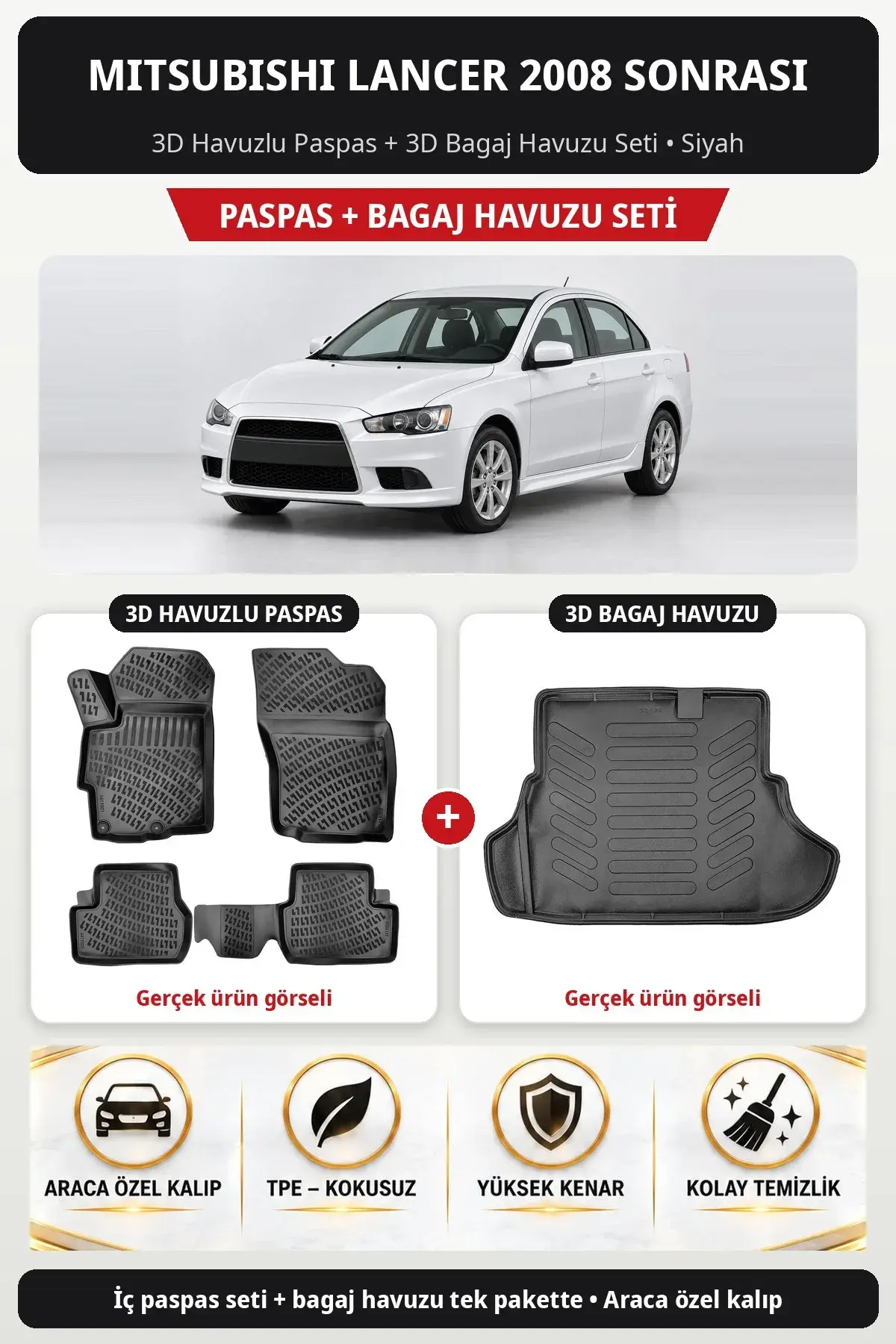 Mitsubishi Lancer 2008 Sonrası 3D Havuzlu Paspas + 3D Bagaj Havuzu Seti Siyah (1)