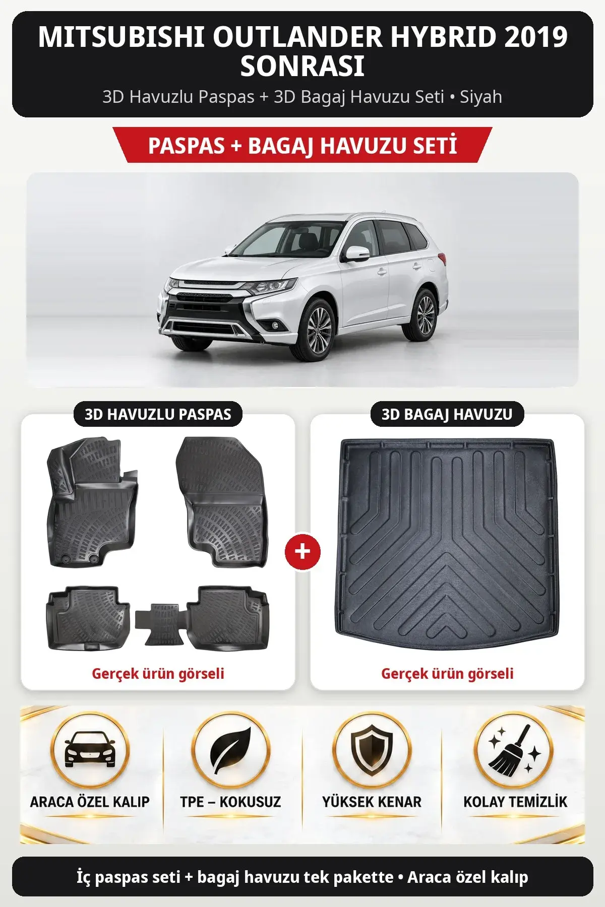 Mitsubishi Outlander Hybrid 2019 Sonrası 3D Havuzlu Paspas + 3D Bagaj Havuzu Seti Siyah (1)