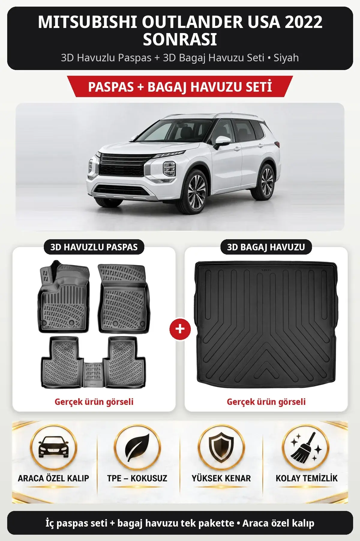 Mitsubishi Outlander USA 2022 Sonrası 3D Havuzlu Paspas + 3D Bagaj Havuzu Seti Siyah (1)