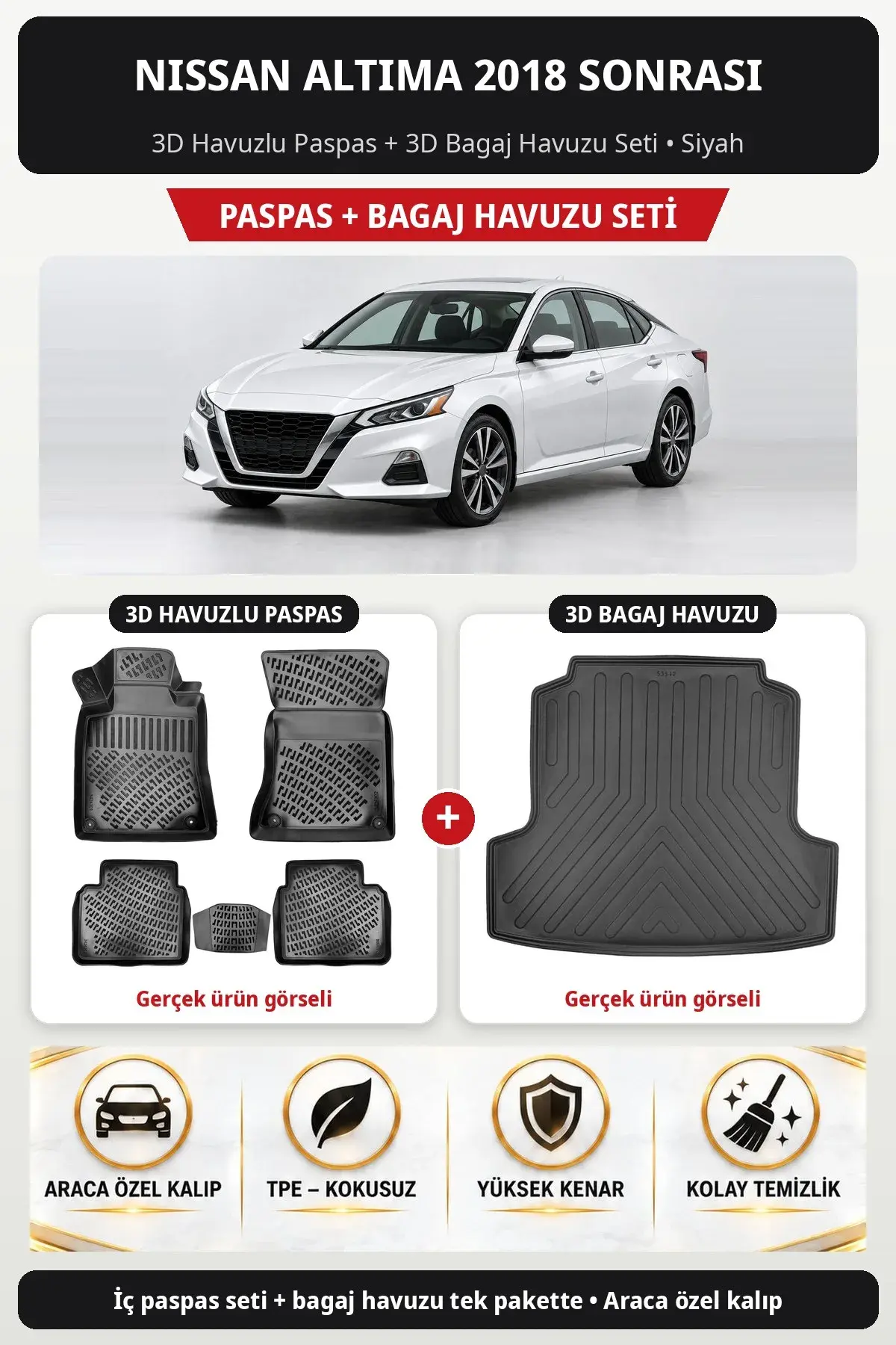 Nissan Altima 2018 Sonrası 3D Havuzlu Paspas + 3D Bagaj Havuzu Seti Siyah (1)