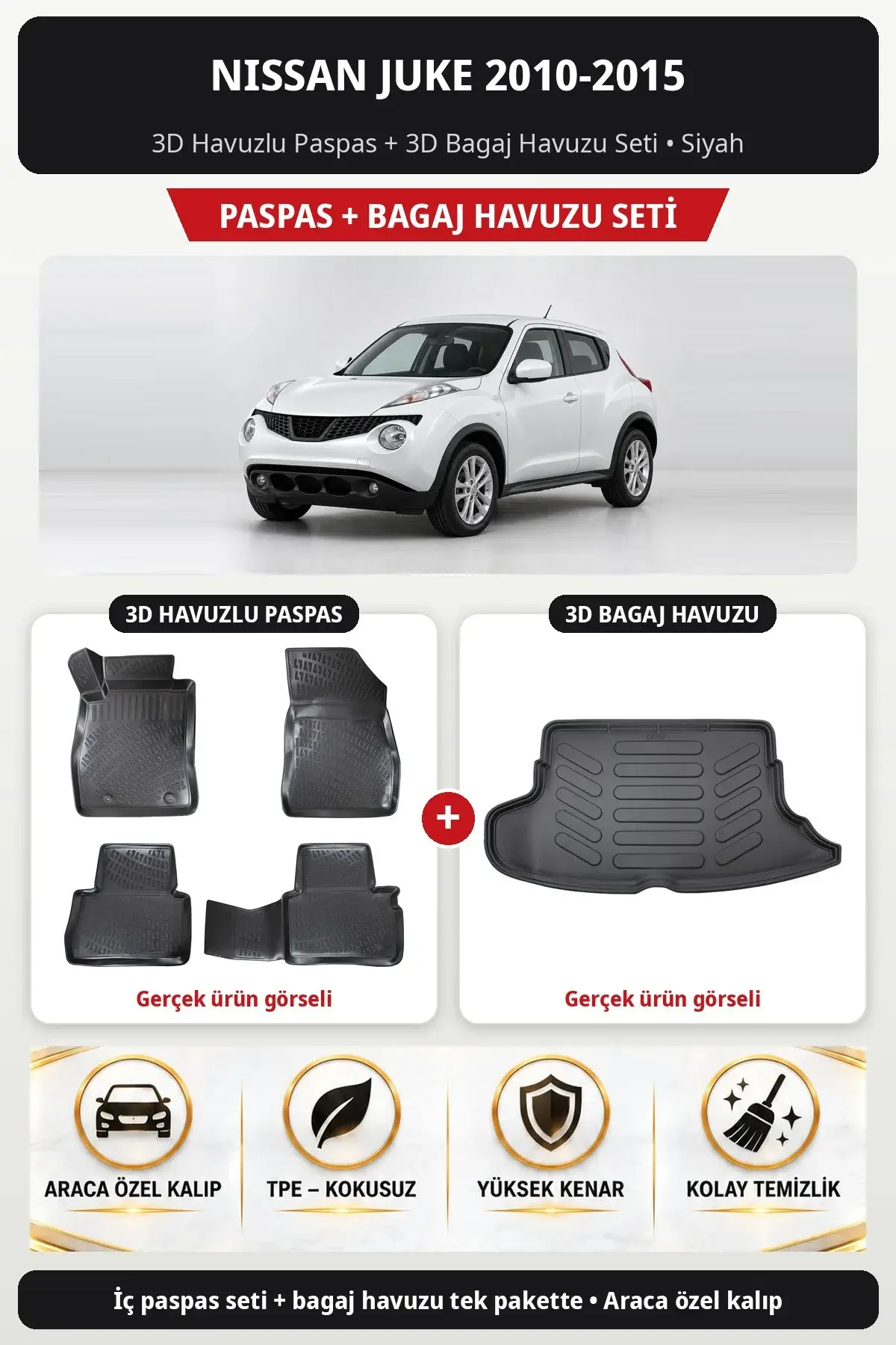 Nissan Juke 2010-2015 3D Havuzlu Paspas + 3D Bagaj Havuzu Seti Siyah (1)