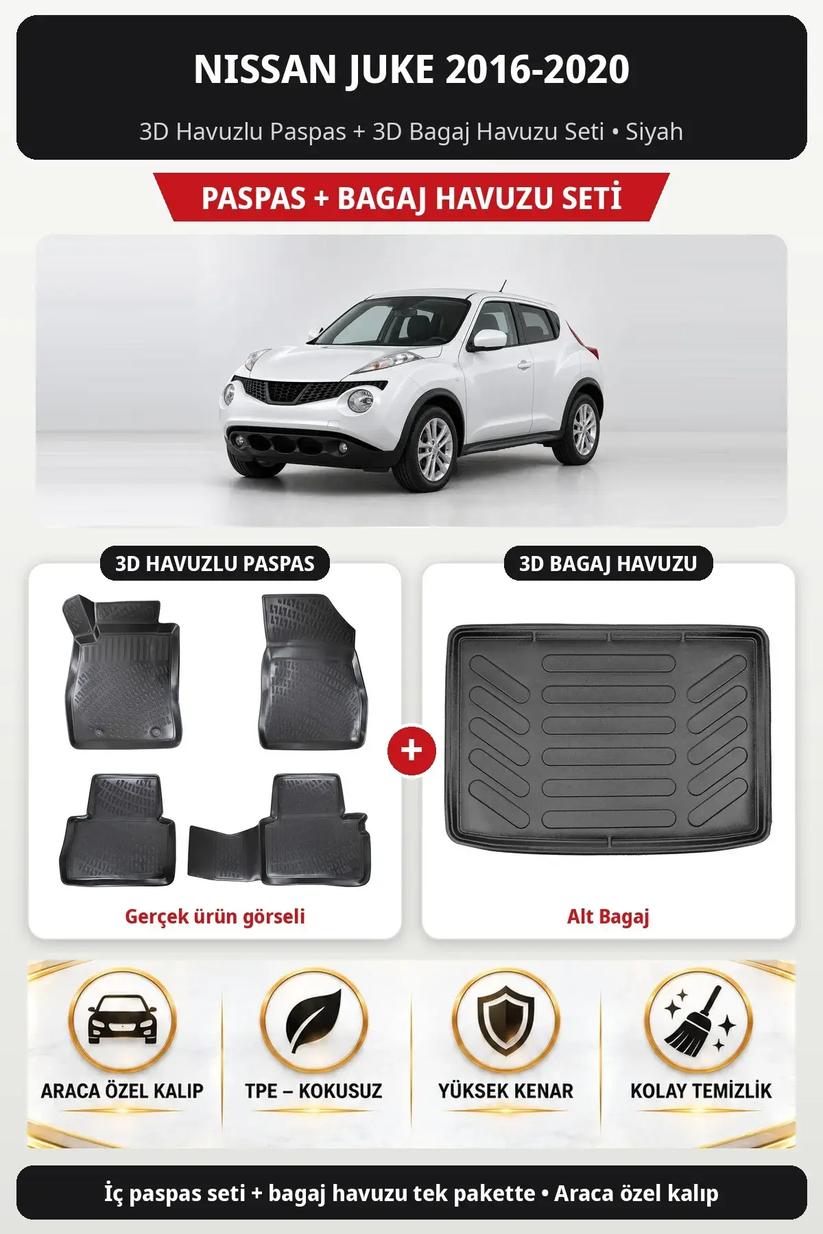 Nissan Juke 2016-2020 3D Havuzlu Paspas + 3D Bagaj Havuzu Seti (Alt Bagaj) Siyah (1)