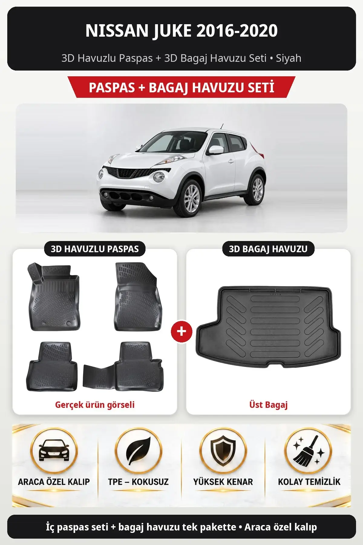 Nissan Juke 2016-2020 3D Havuzlu Paspas + 3D Bagaj Havuzu Seti (Üst Bagaj) Siyah (1)